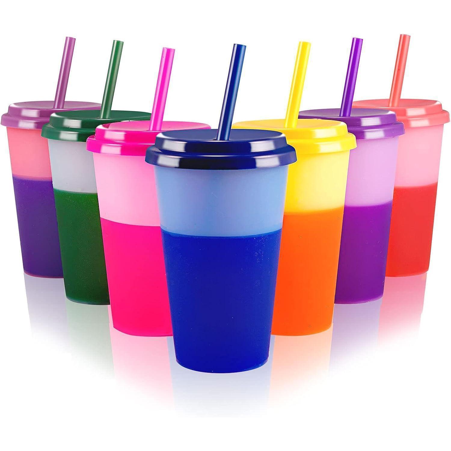 7er Set Farbwechsel Becher Mit Deckel & Strohhalm 350ml Bpa-frei