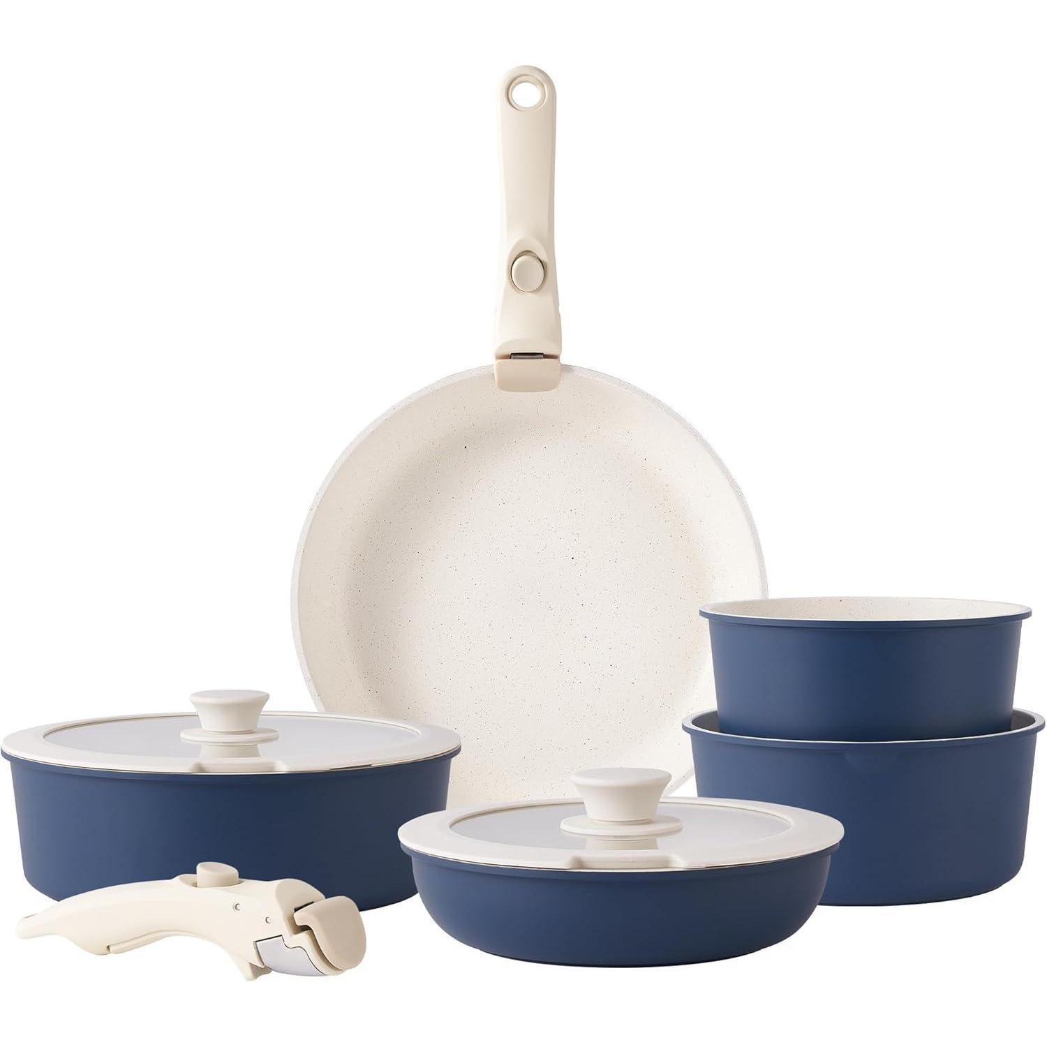 Induktionskochgeschirr-set 15-teilig Mit Abnehmbaren Griffen, Granit-antihaftbeschichtung, Stapelbar, Blau