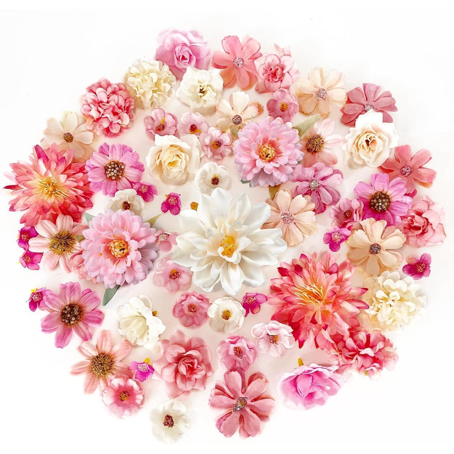 60 Stück Kunstblumen Zum Basteln Rosa Weiß, 18 Sorten, 2-8cm, Seidenblumen Deko Für Diy