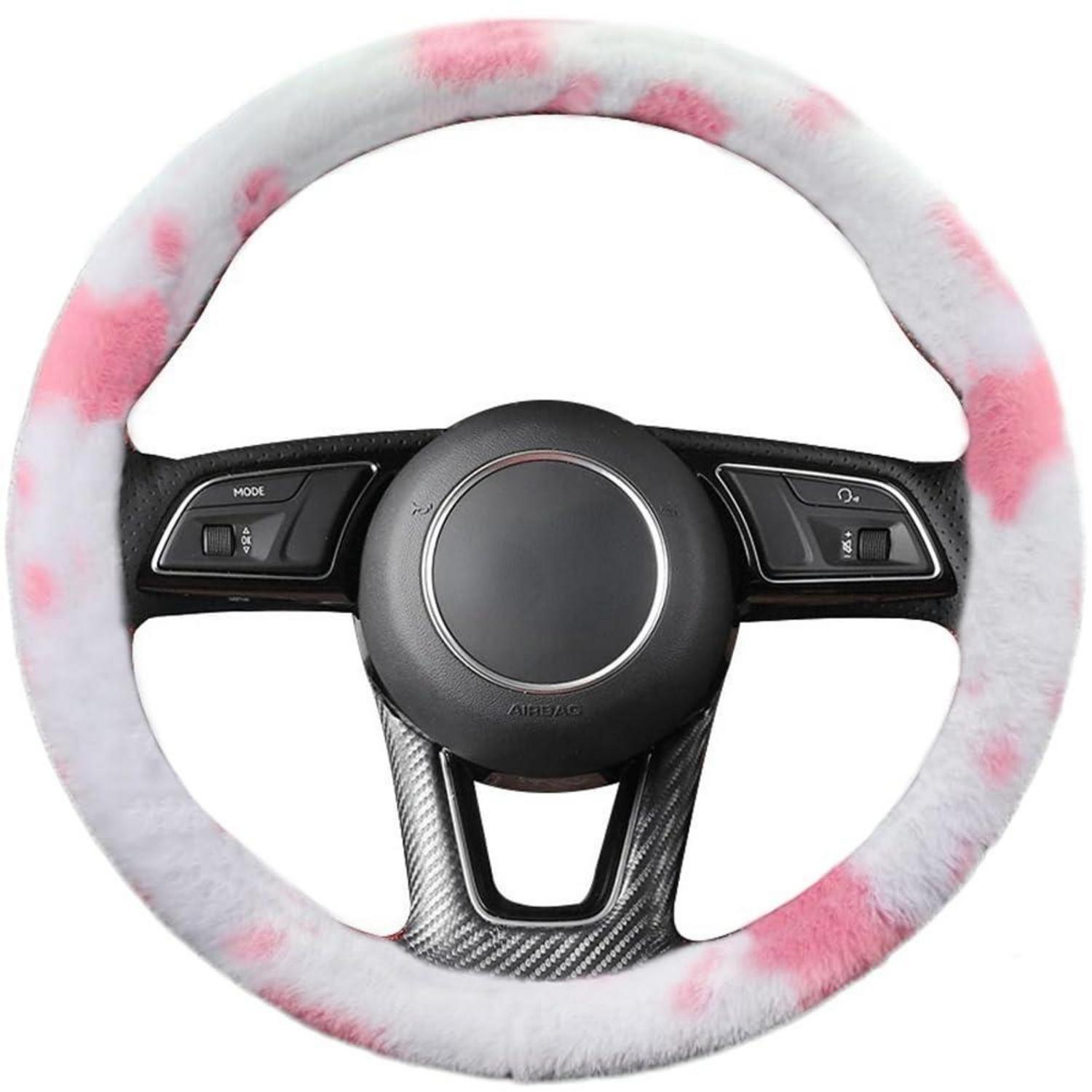 Flauschiger Lenkradbezug Rosa Kuhmuster Rutschfest Weich Plüsch 37-39cm