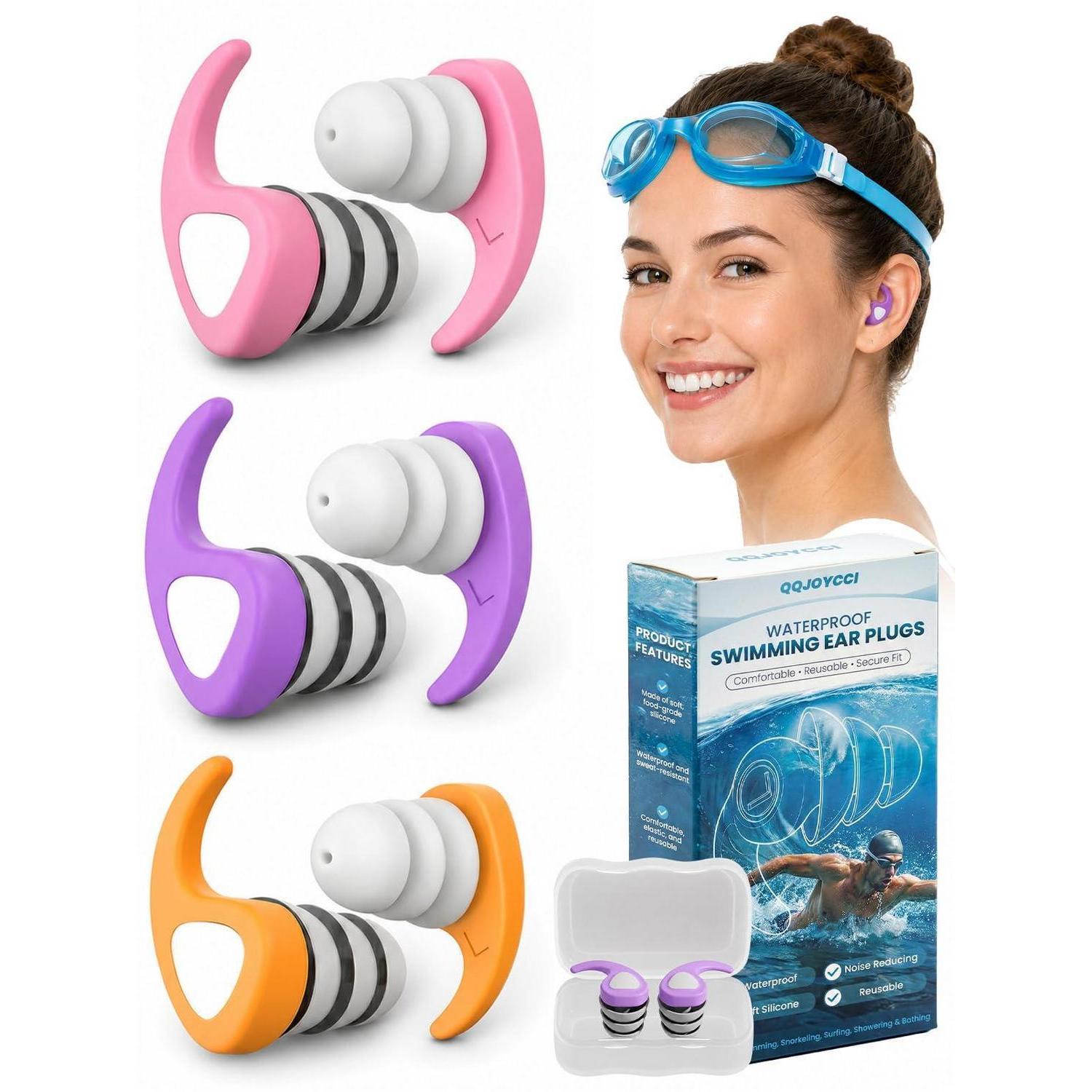 Schwimm Ohrstöpsel 3 Paar Wasserdicht Wiederverwendbar Silikon Für Erwachsene Jugendliche Rosa Lila Orange