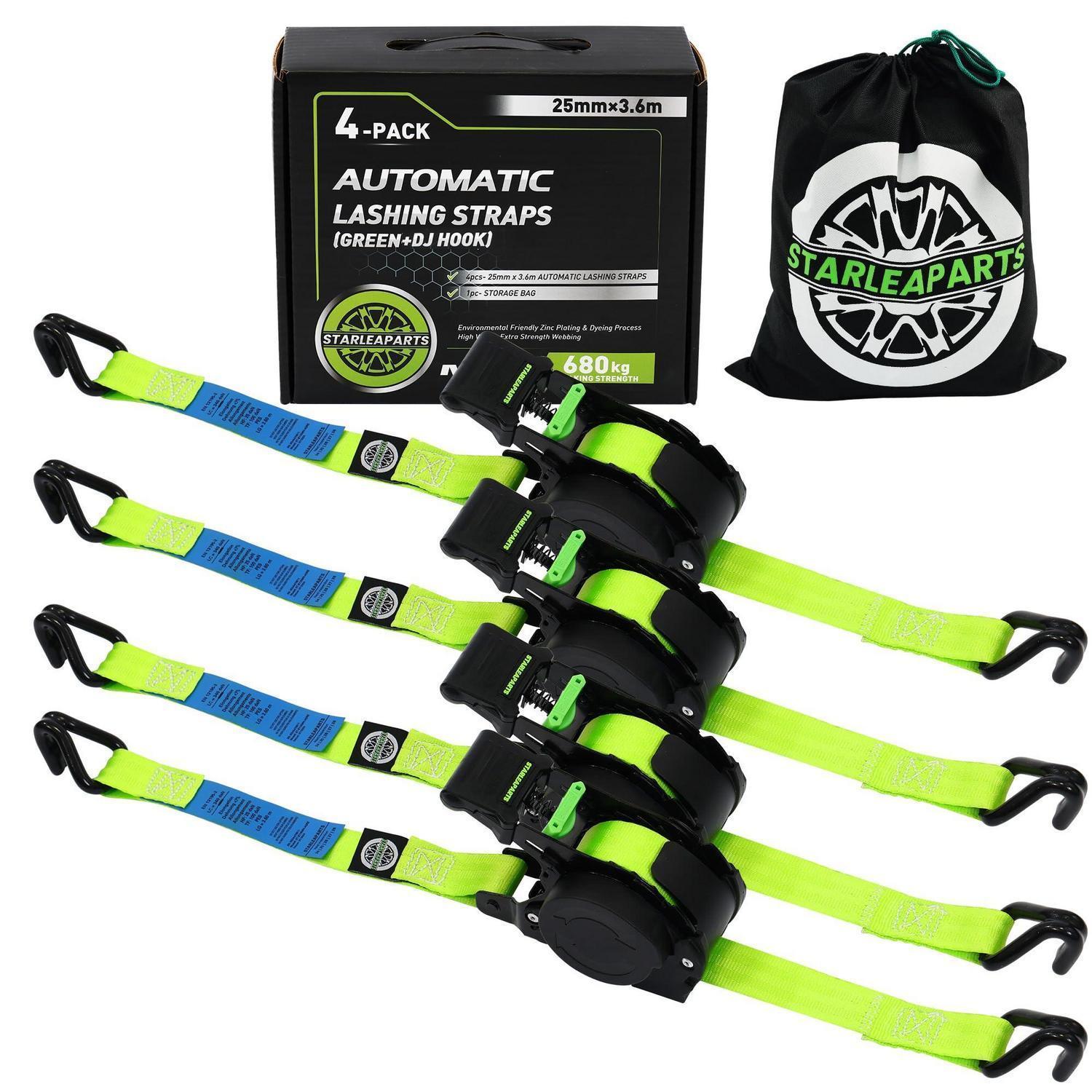4er-pack Automatik Spanngurte 3,6m Mit J-haken, 340kg, Grün