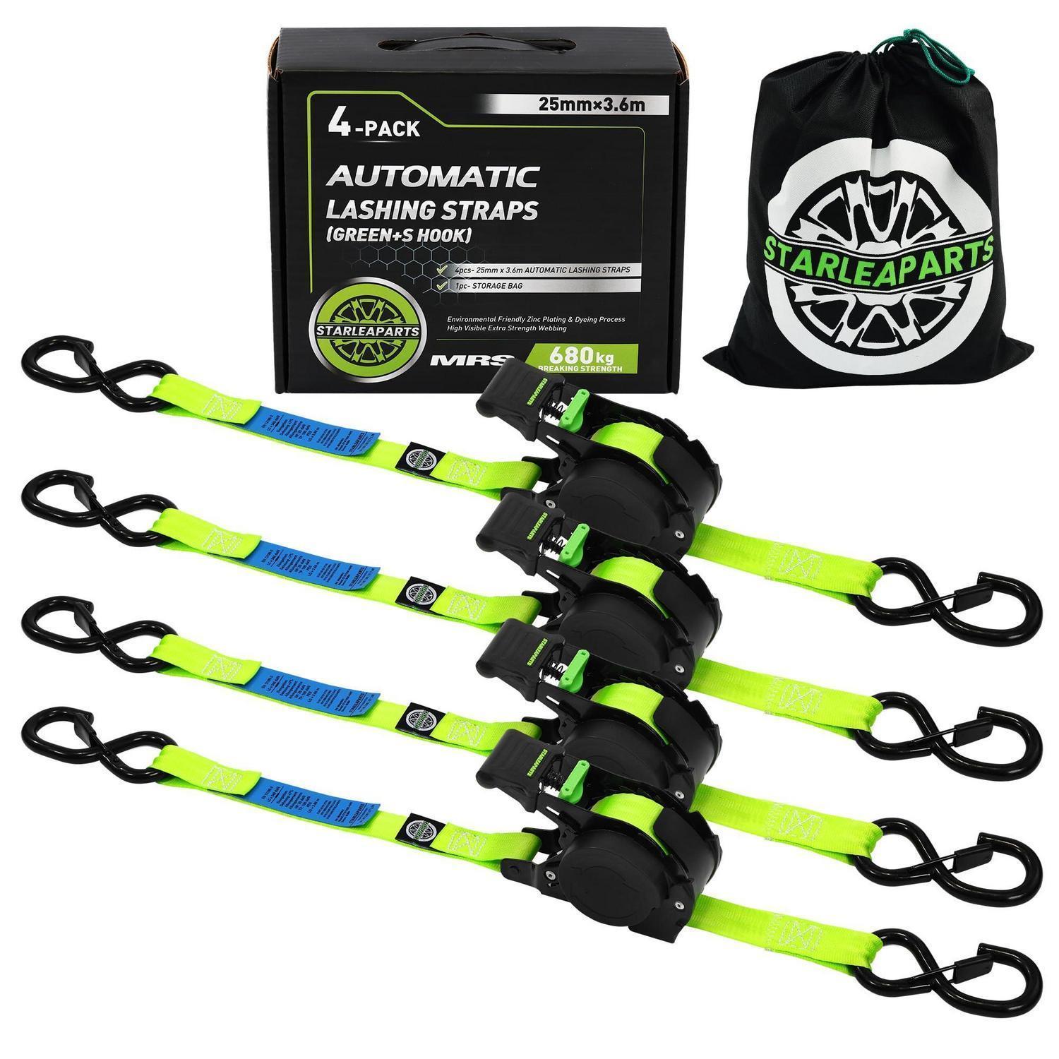 4er-pack Automatik Spanngurte 3,6m Mit S-haken, 340kg Tragkraft, Grün