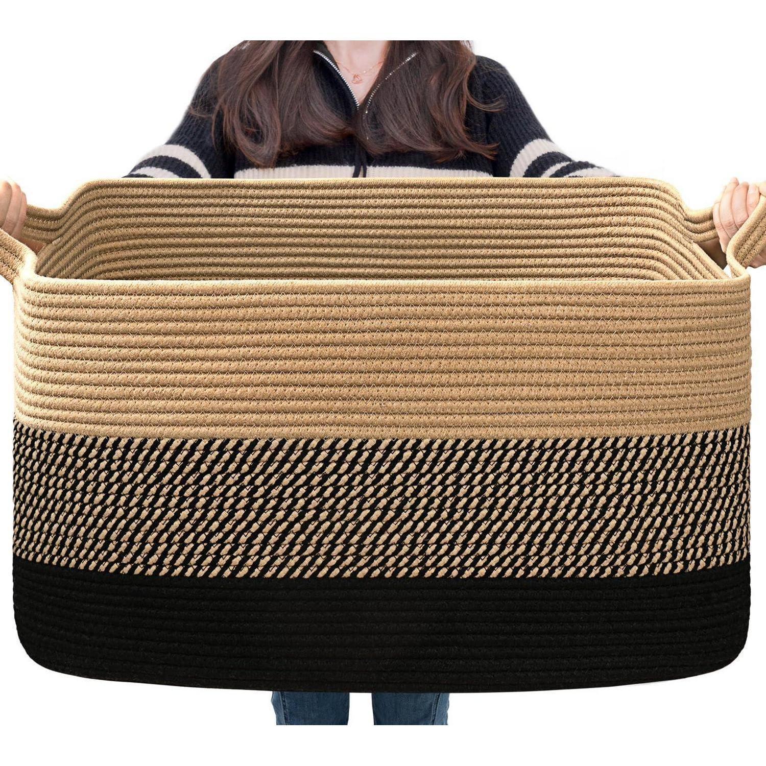 Großer Rechteckiger Aufbewahrungskorb Aus Seil, 55x38x30 Cm, Schwarz-beige