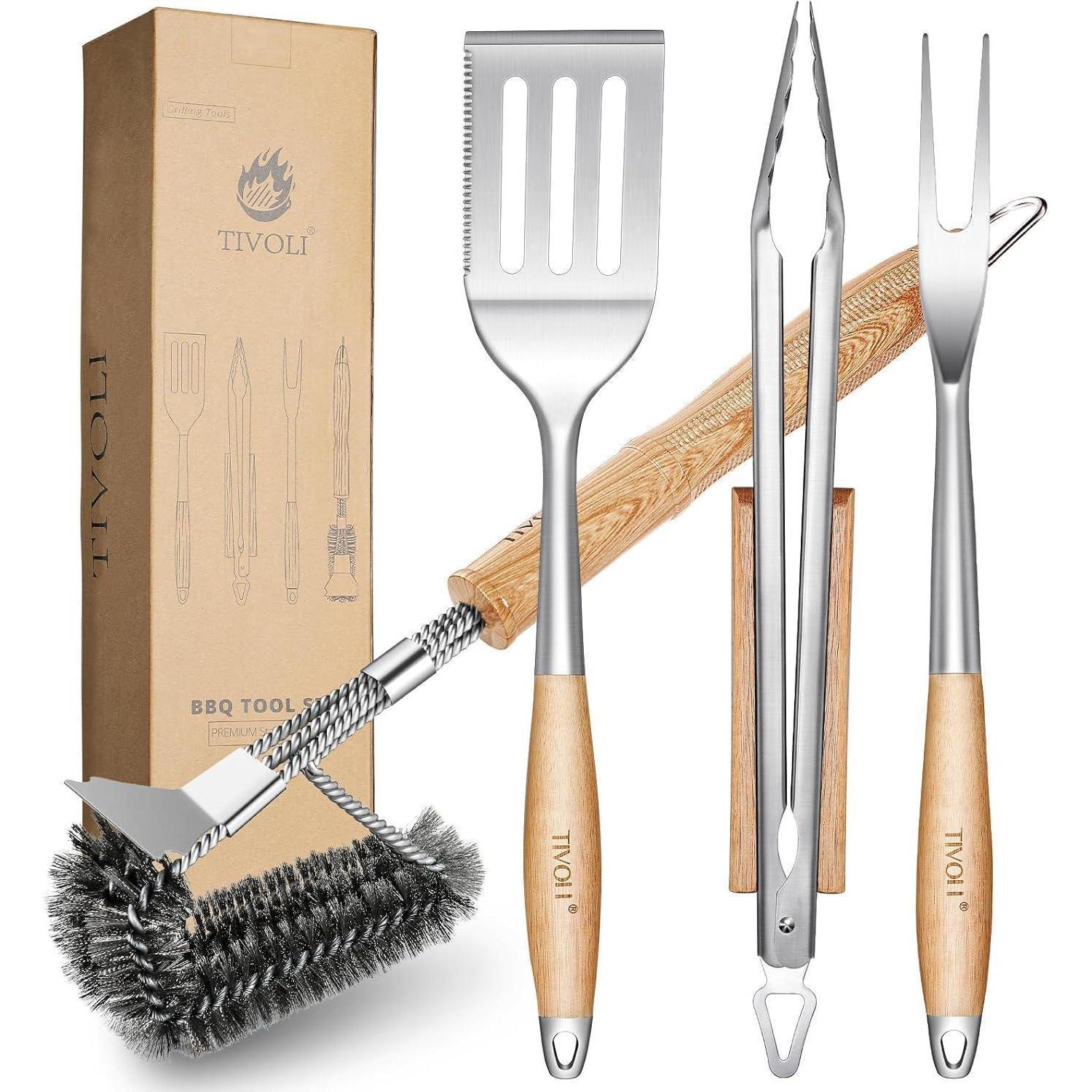 Grillbesteck Set 4-teilig Edelstahl Mit Holzgriffen, Grillzange, Wender, Bürste, Gabel