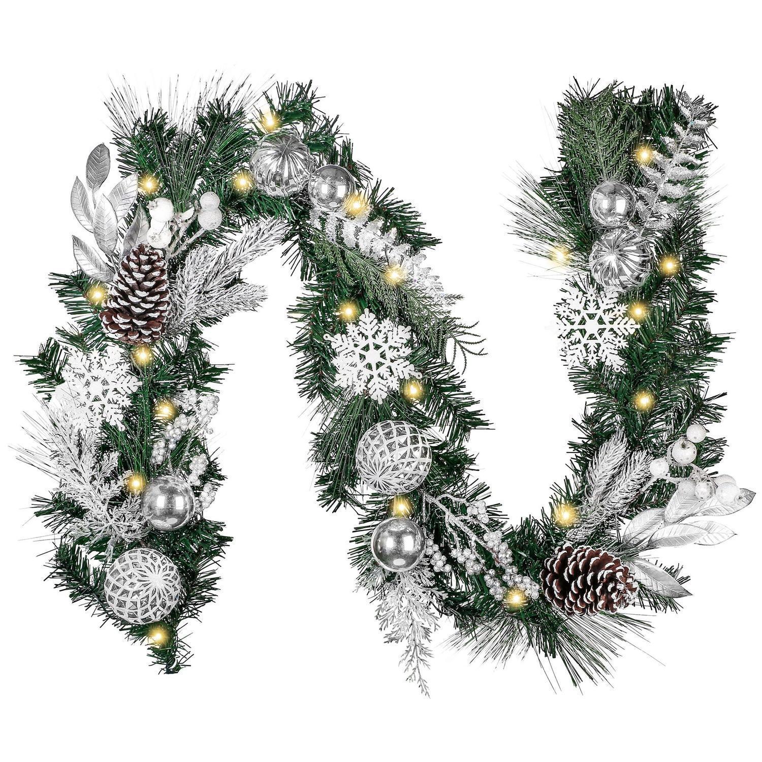Weihnachtsgirlande 183cm Mit 20 Leds, Timer, Kugeln & Tannenzapfen, Silber Weiß