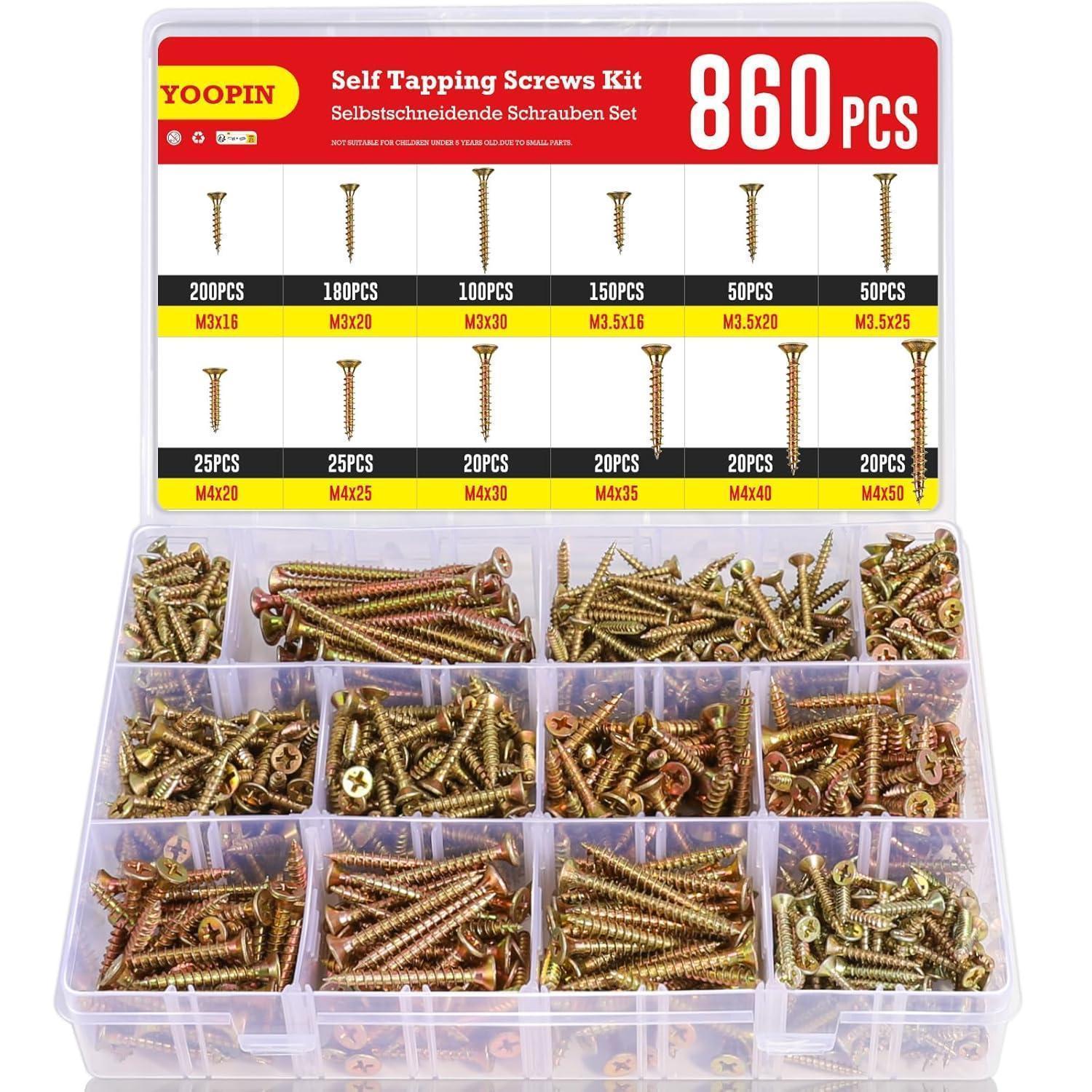 Holzschrauben Set 860 Stück, M3 M3.5 M4, Zink, Senkkopf, Für Holz & Diy