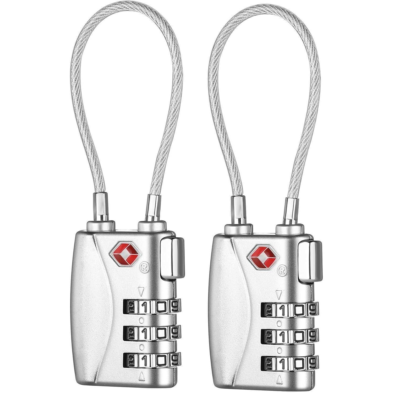 Zahlenschloss Für Gepäck, 3-stellig, Tsa-zugelassen, Flexibles Kabelschloss, 2 Stück, Silber