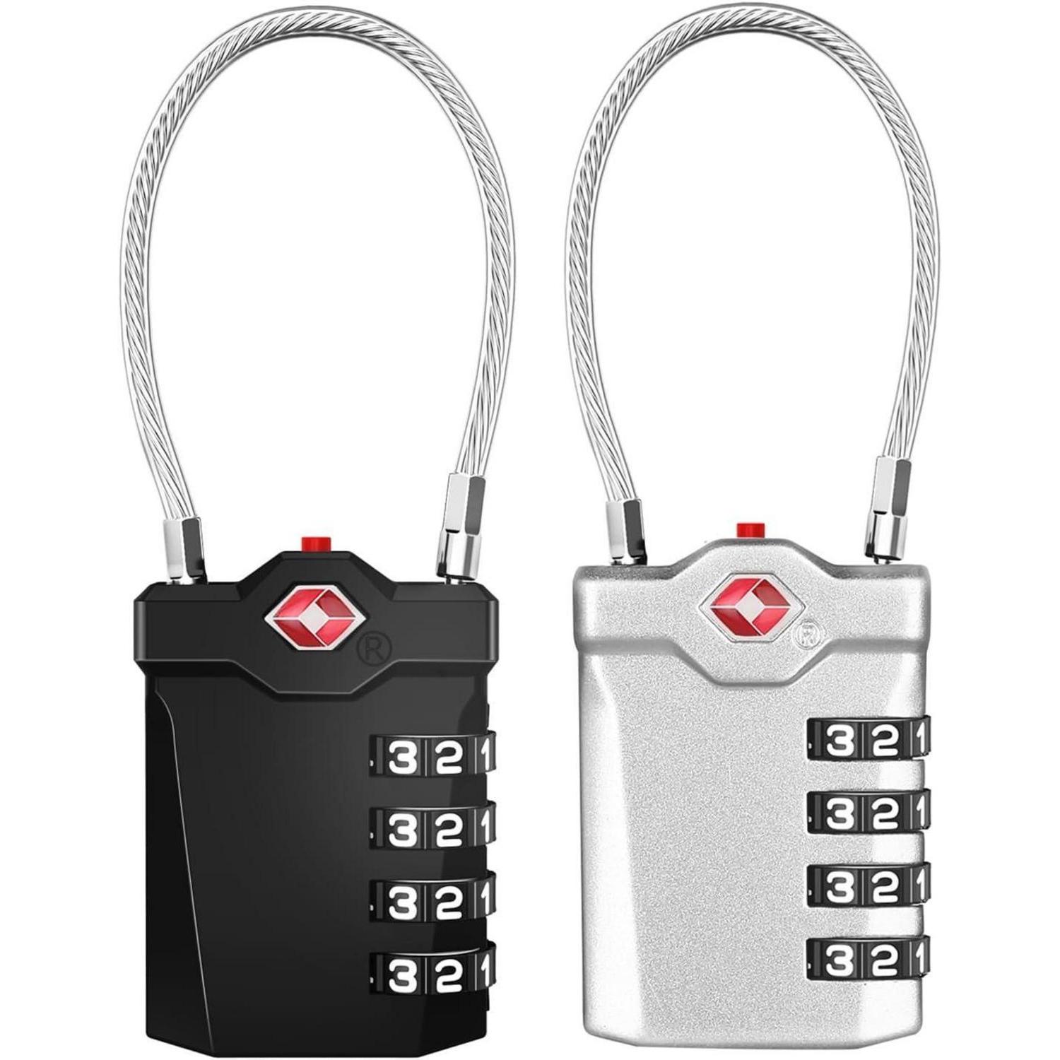 4-stelliges Tsa Zahlenschloss Mit Flexiblem Kabel, 2 Stück, Schwarz & Silber