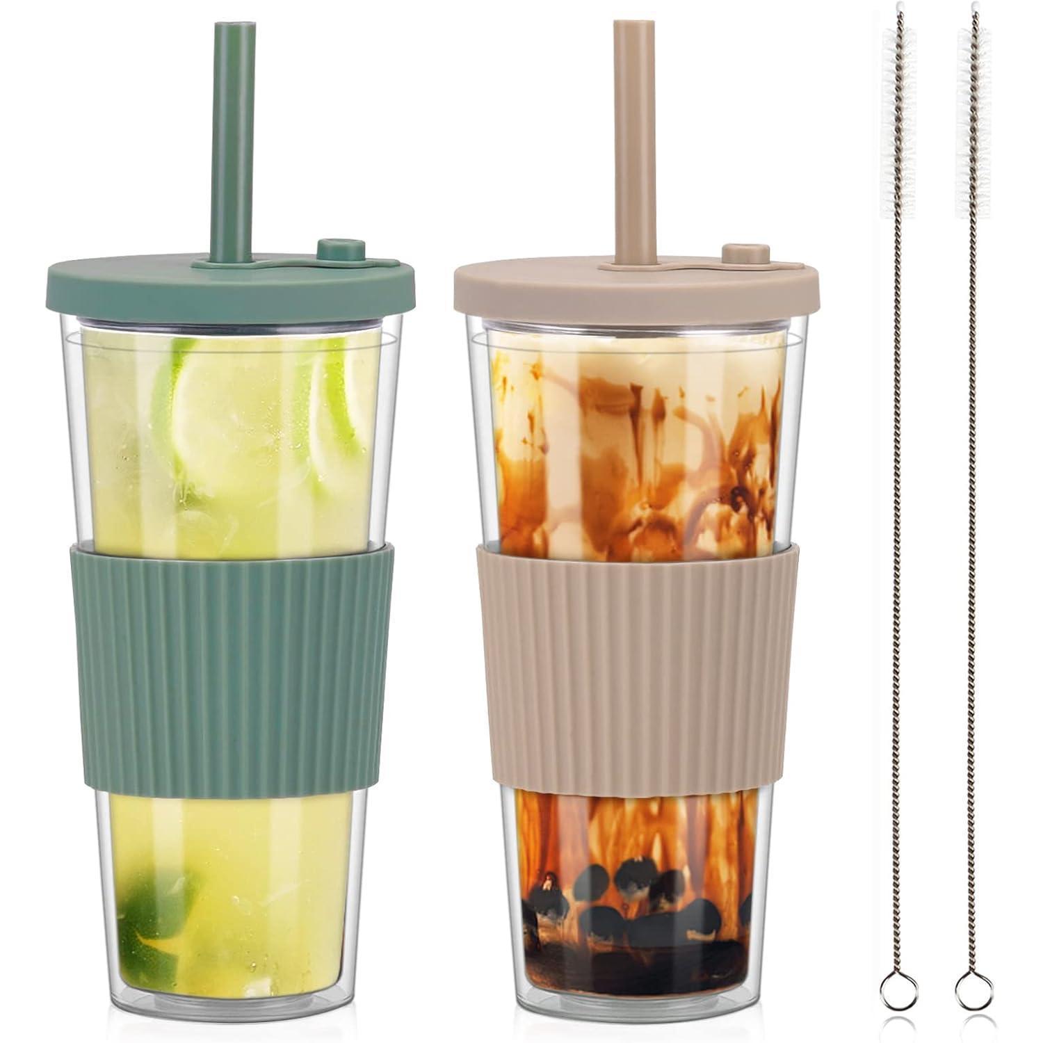 2er Set Bubble Tea Becher 730ml Doppelwandig Isoliert Mit Deckel & Strohhalm
