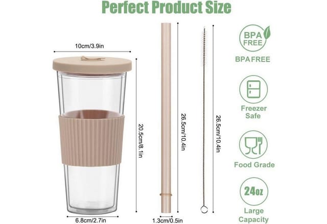 2er Set Bubble Tea Becher 730ml Doppelwandig Isoliert Mit Deckel & Strohhalm