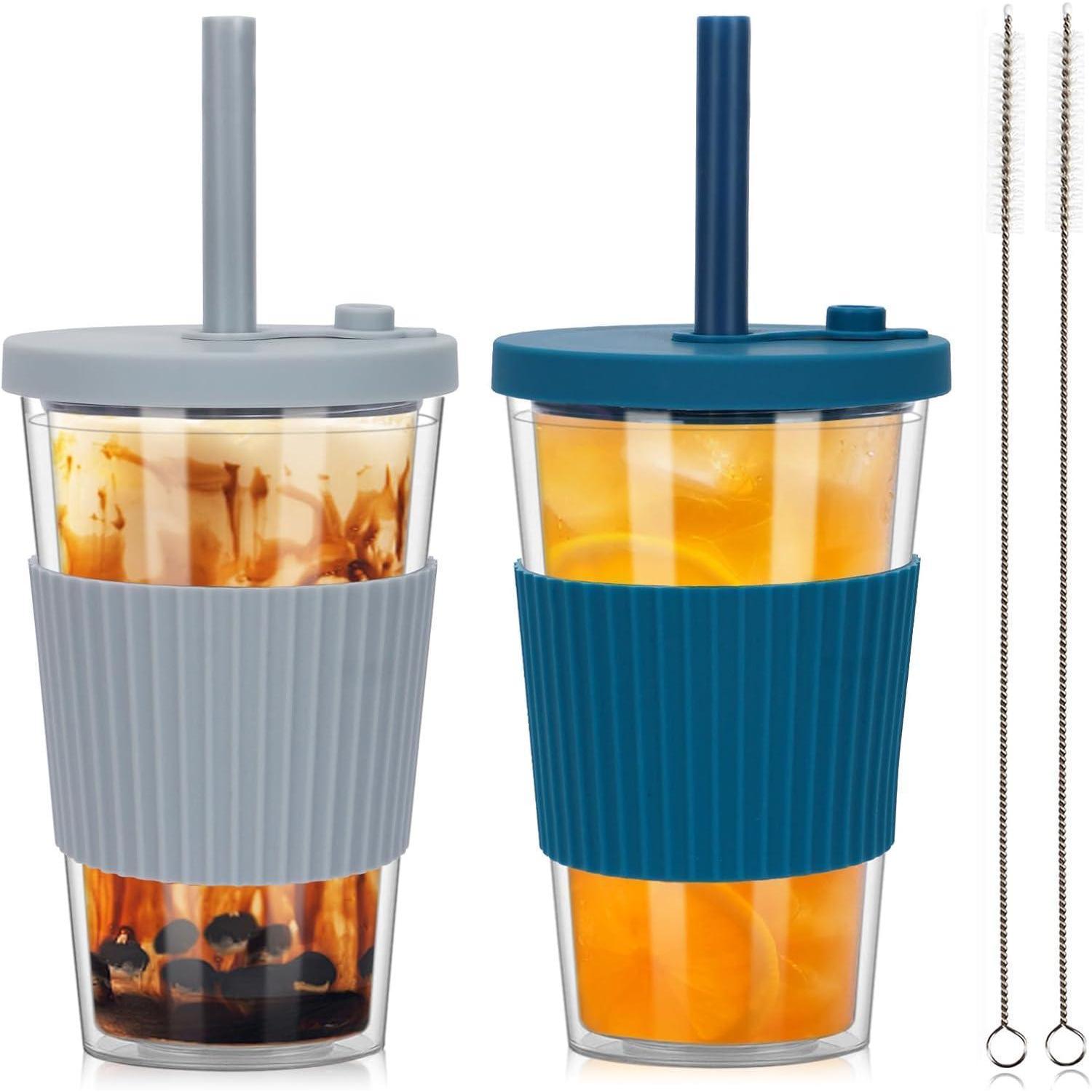Bubble Tea Becher 500ml, 2er Set, Doppelwandig Isoliert, Auslaufsicher, Mit Breitem Strohhalm