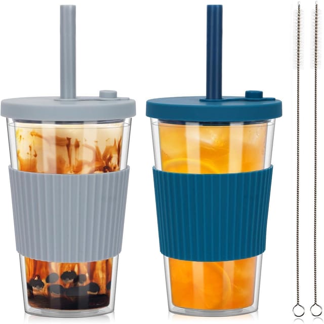Bubble Tea Becher 500ml, 2er Set, Doppelwandig Isoliert, Auslaufsicher, Mit Breitem Strohhalm