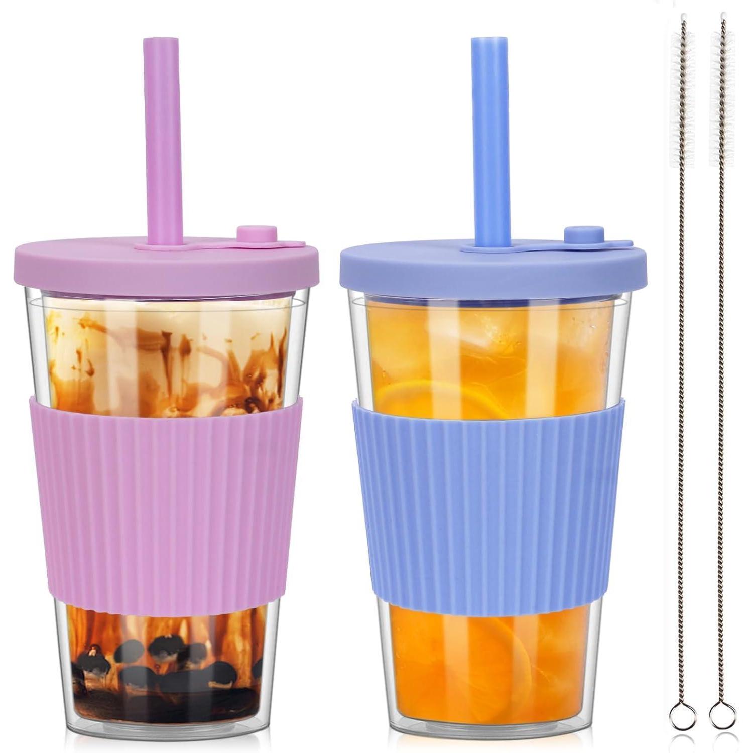 Bubble Tea Becher 500ml 2er Set Doppelwandig Mit Strohhalm Und Deckel
