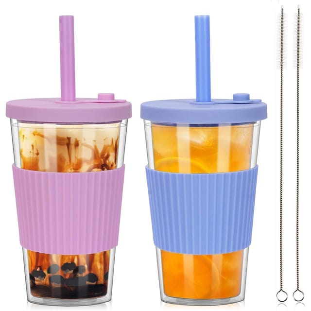 Bubble Tea Becher 500ml 2er Set Doppelwandig Mit Strohhalm Und Deckel
