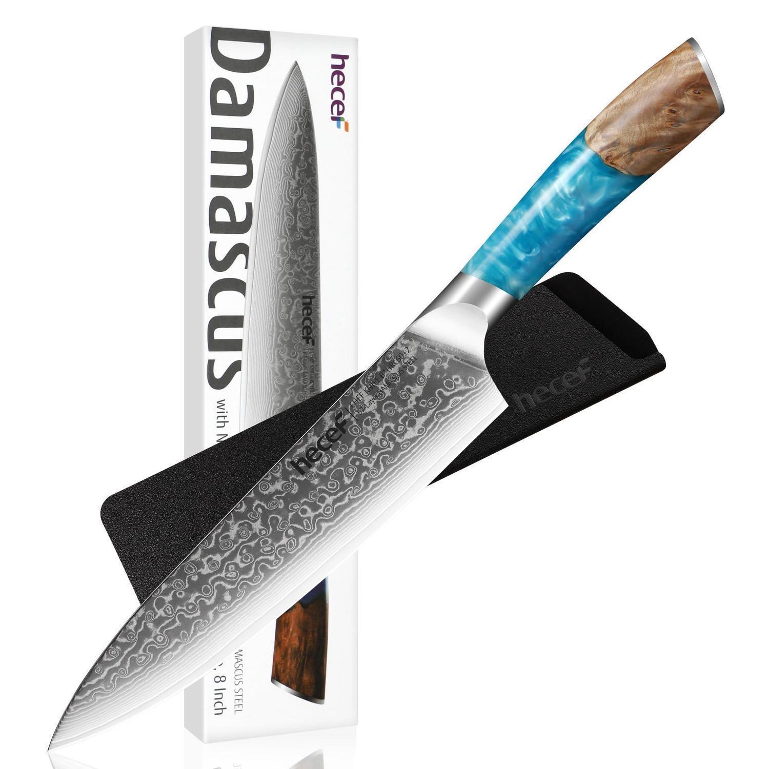 Damast-kochmesser 20 Cm, 67 Lagen Damaststahl, Vg10-kern, Blauer Harz-holzgriff, Inkl. Klingenschutz