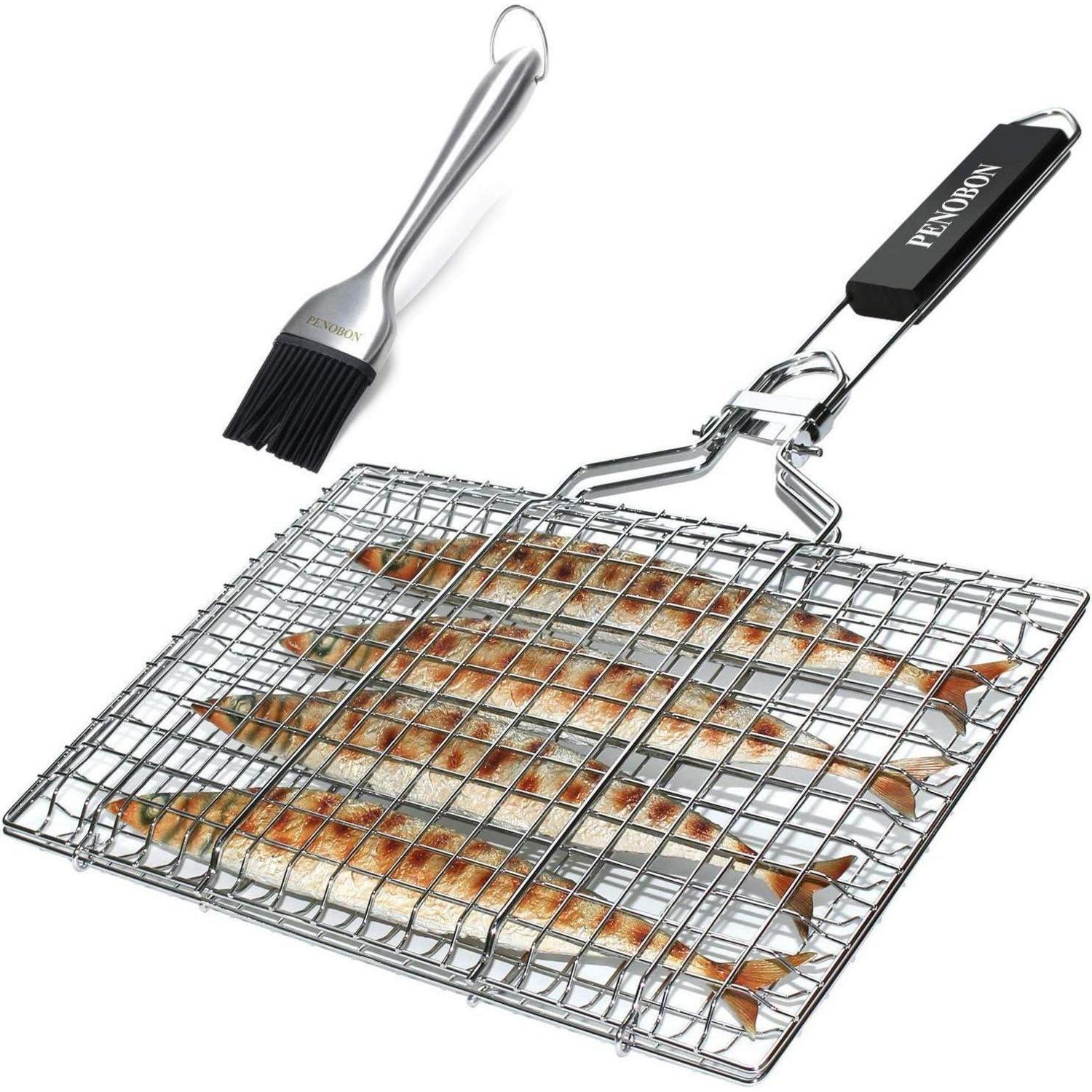 Grillkorb Edelstahl Faltbar Mit Abnehmbarem Griff Und Pinsel