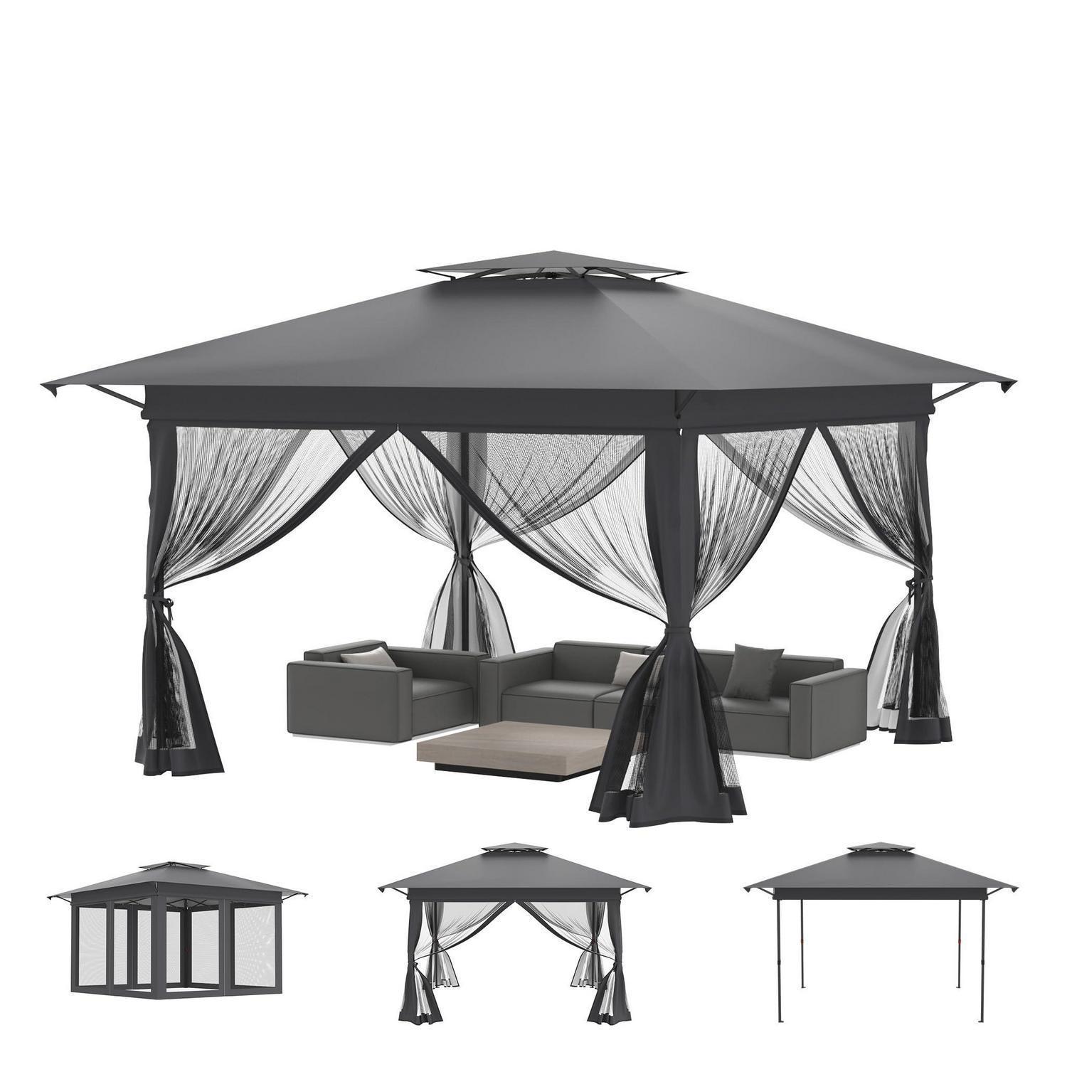 Faltpavillon 4x4m Mit Moskitonetz, Uv-schutz, Höhenverstellbar, Anthrazit