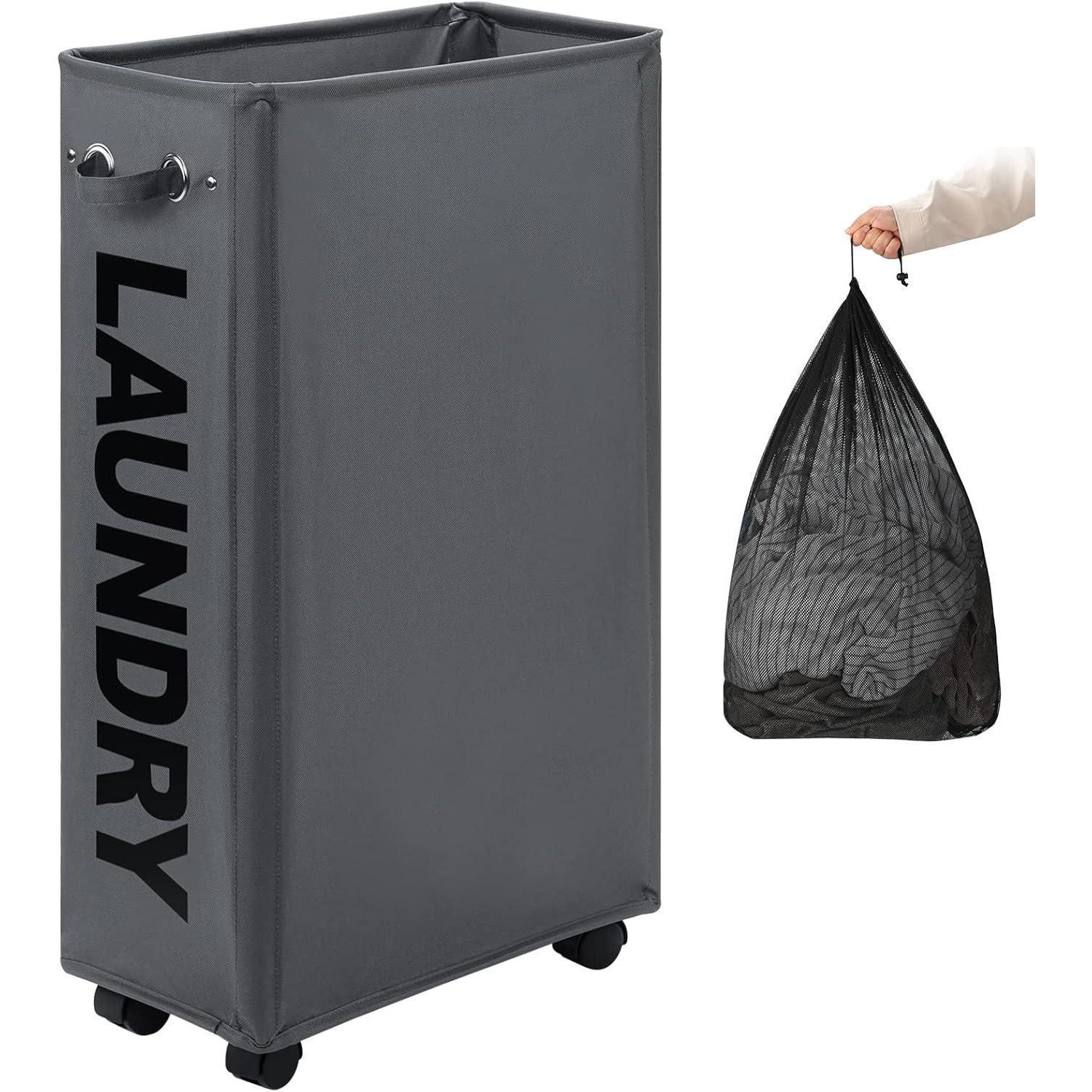 Schmaler Wäschekorb Mit Rollen Und Abnehmbarem Beutel, 70l, Dunkelgrau
