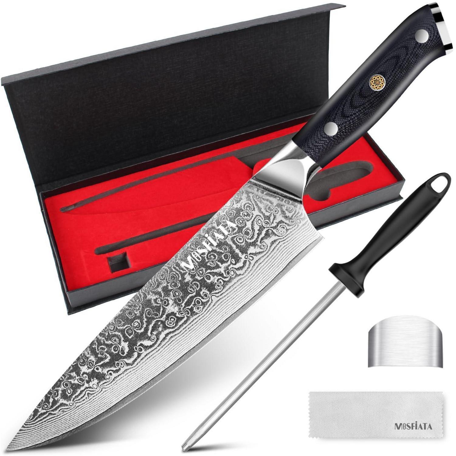 Damast Kochmesser 20 Cm Mit Wetzstahl, 67 Lagen Damaststahl, G10-griff