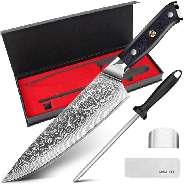 Damast Kochmesser 20 Cm Mit Wetzstahl, 67 Lagen Damaststahl, G10-griff