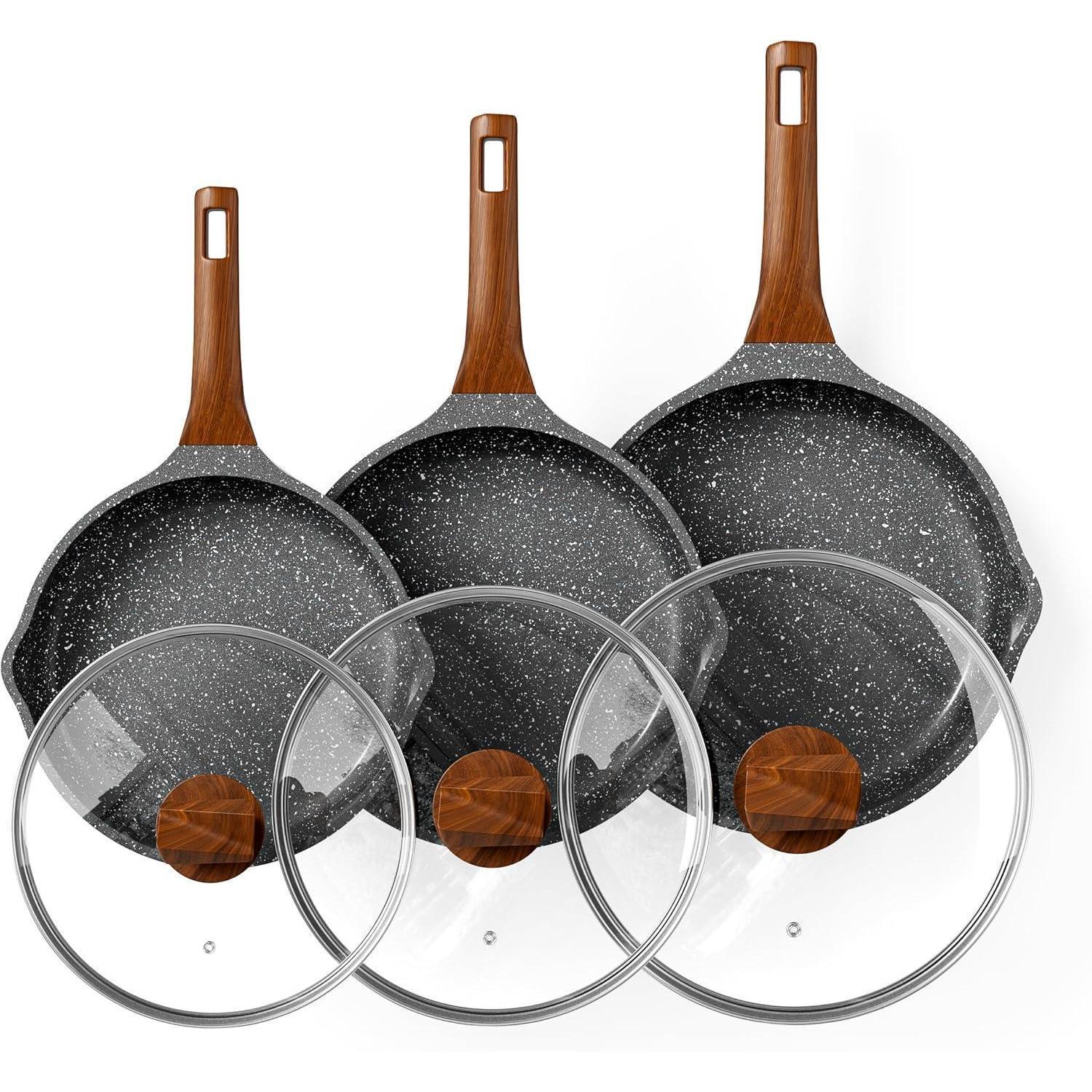 Induktions-pfannenset Mit Deckeln, Antihaft, 20/24/28 Cm, Granit-optik, Pfoa-frei