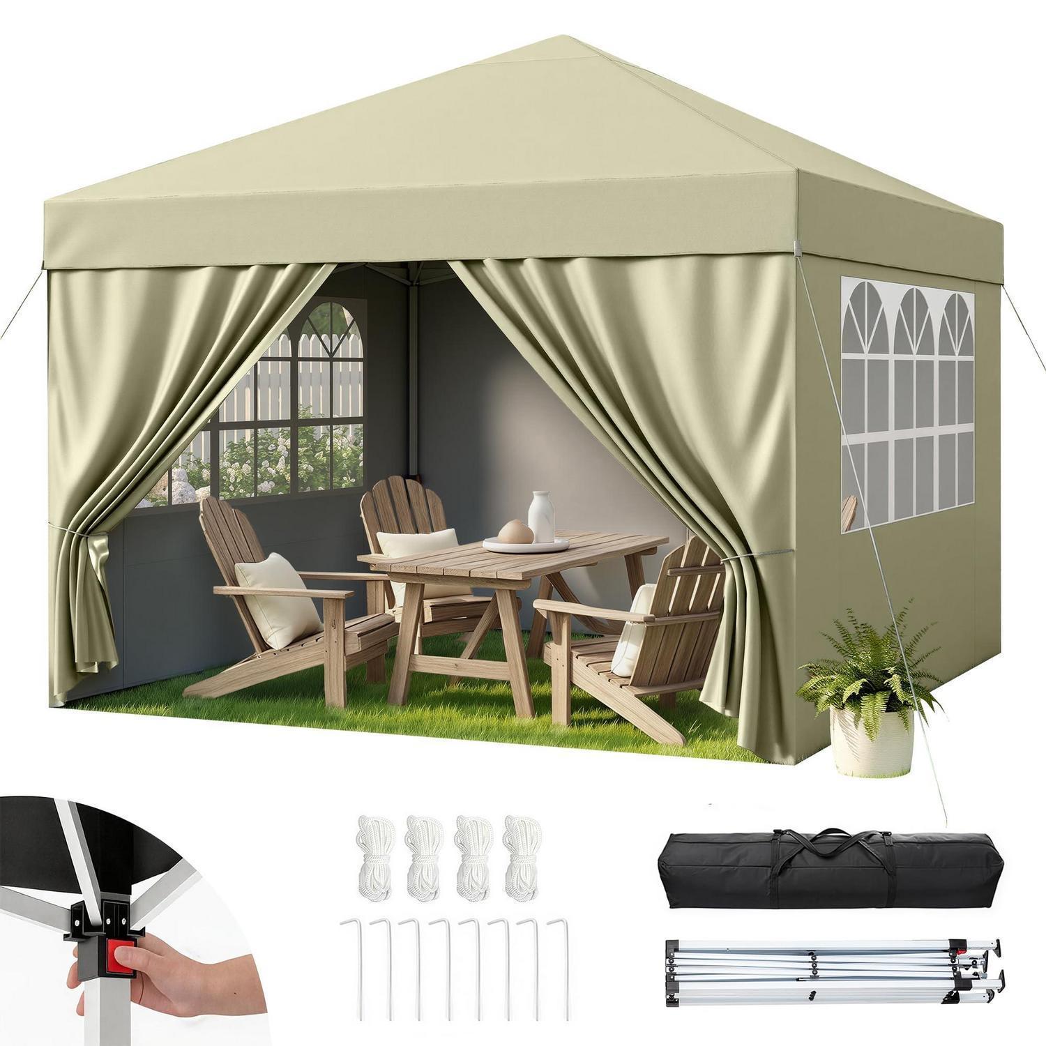 Faltpavillon 3x3m Wasserdicht Uv50+ Mit 4 Seitenwänden, Höhenverstellbar, Beige