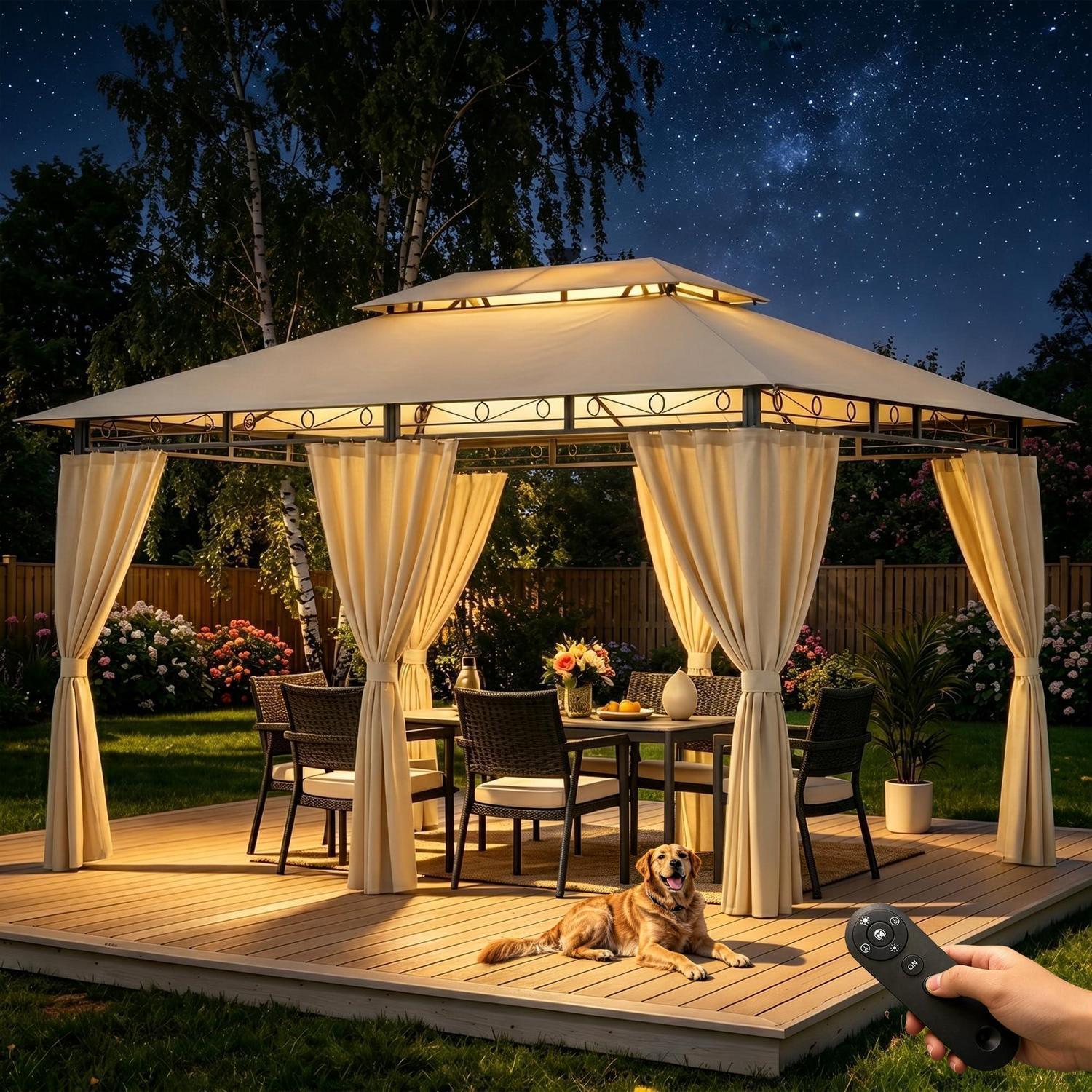 Gartenpavillon 3x4m Wasserdicht Mit Seitenwänden, Doppeldach, Uv50+, Stahlrahmen, Beige