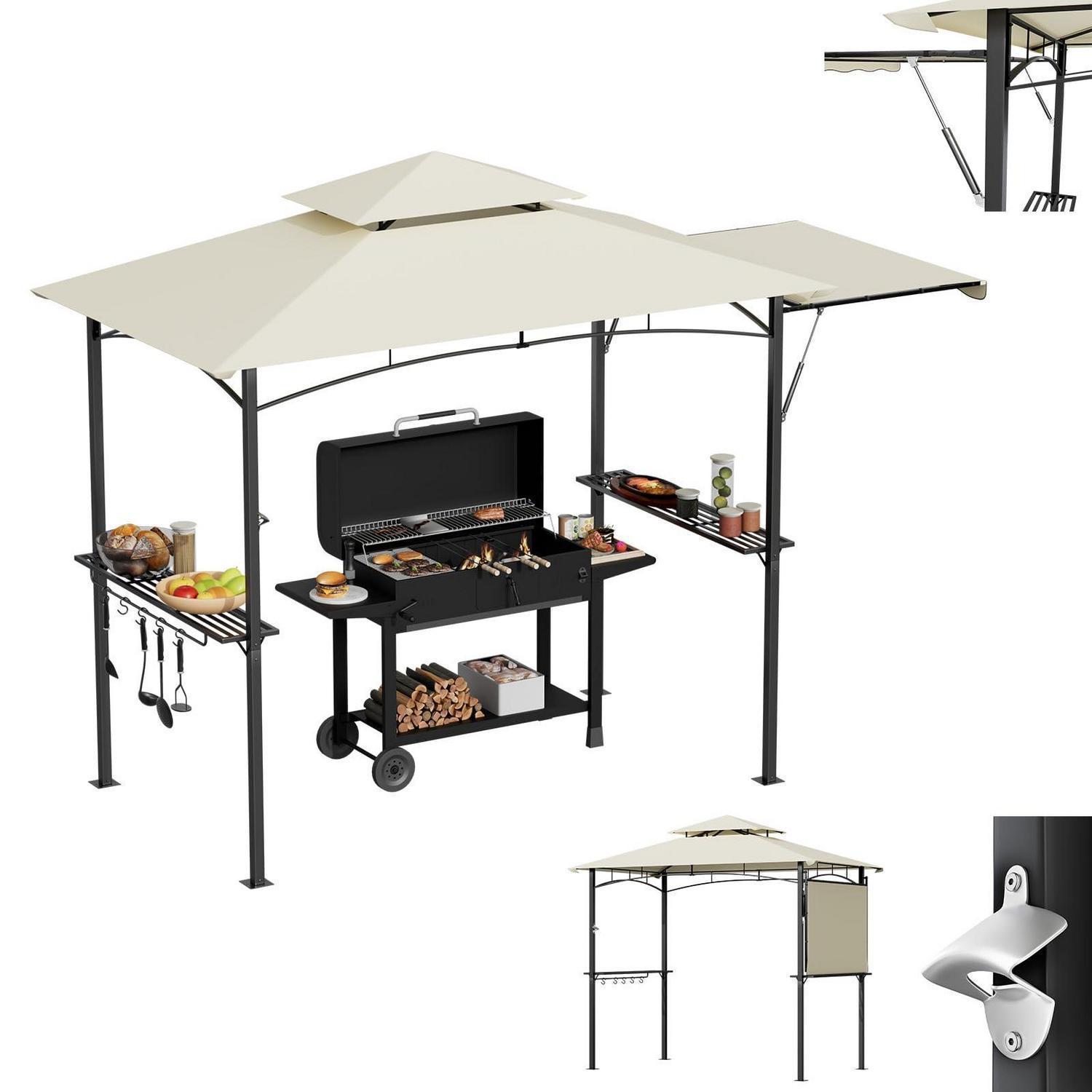Grillpavillon Mit Seitenmarkise, Doppeldach, Ablagen & Haken, Beige