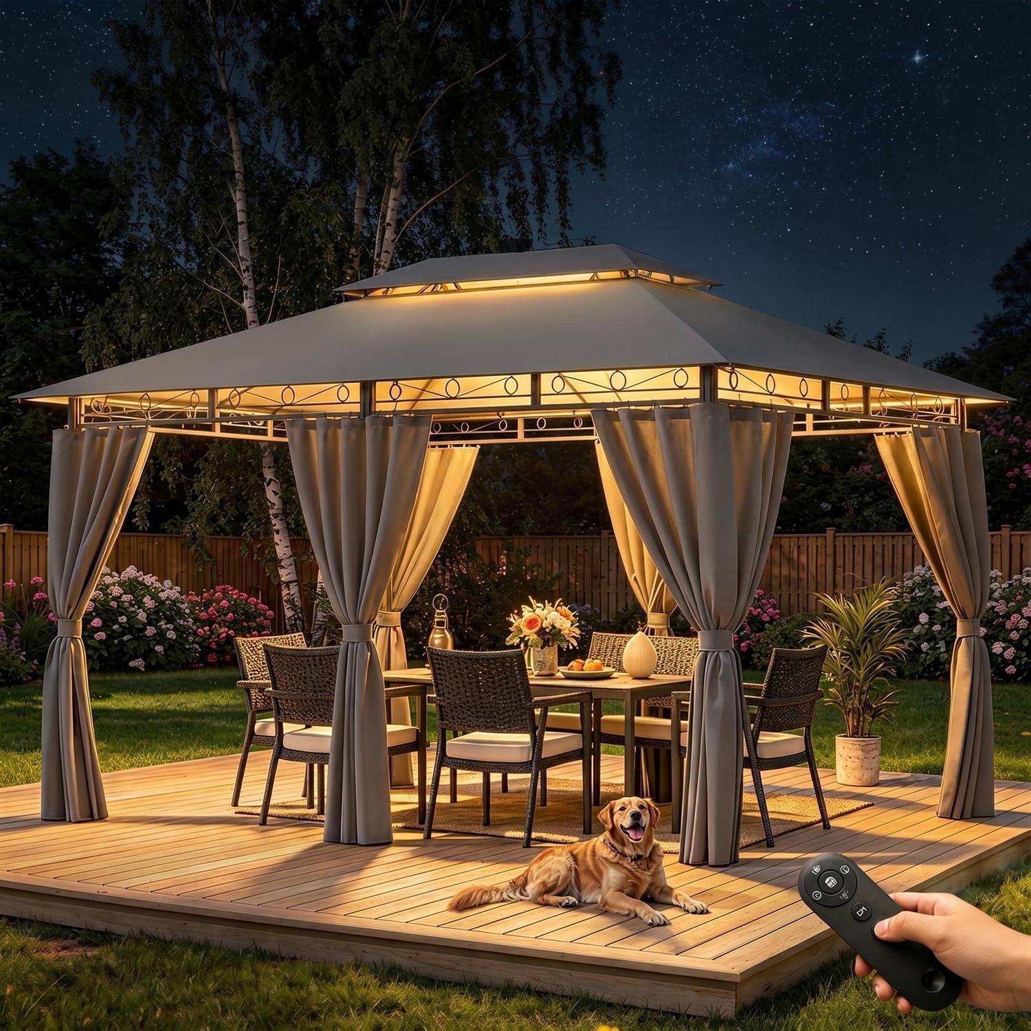Gartenpavillon 3x4m Wasserdicht Stabil Mit Seitenwänden Und Led, Uv-schutz 50+