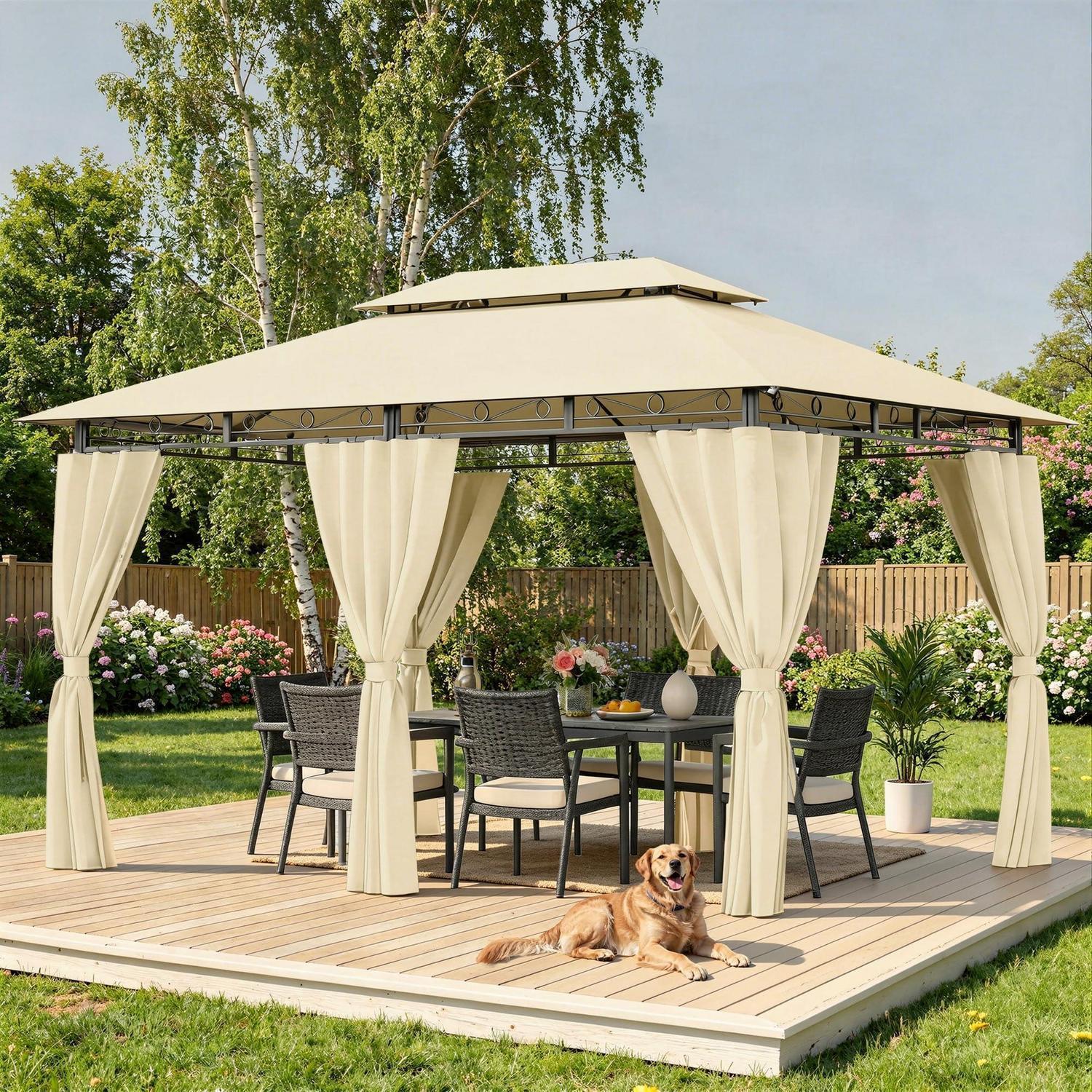 Gartenpavillon 3x4m Wasserdicht Mit Seitenwänden, Doppeldach, Uv50+ Schutz, Beige