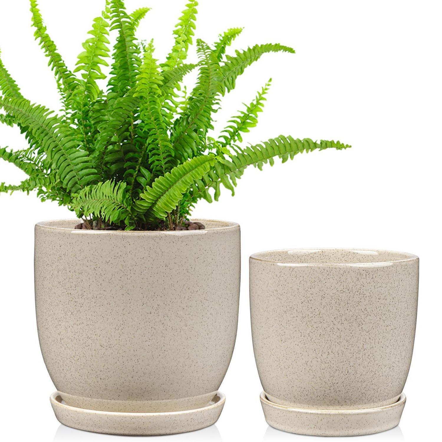 Keramik Blumentöpfe 2er-set Mit Untersetzer, 15/12cm, Beige, Mit Ablaufloch