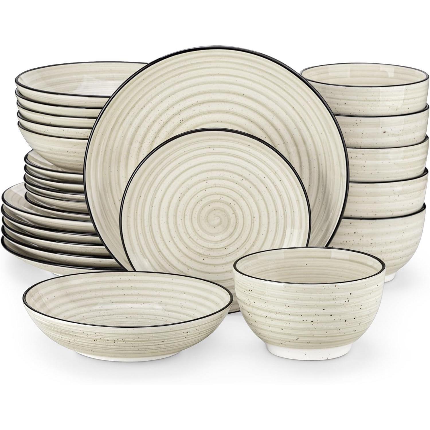 Tafelservice 24-teilig Steingut Für 6 Personen, Bonbon Beige, Spiralmuster