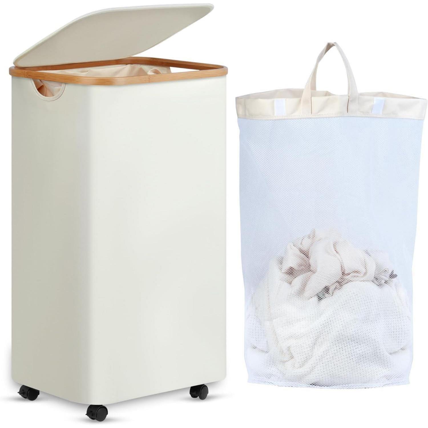 Wäschekorb 100l Mit Deckel, Herausnehmbarer Innentasche Und Rollen, Beige