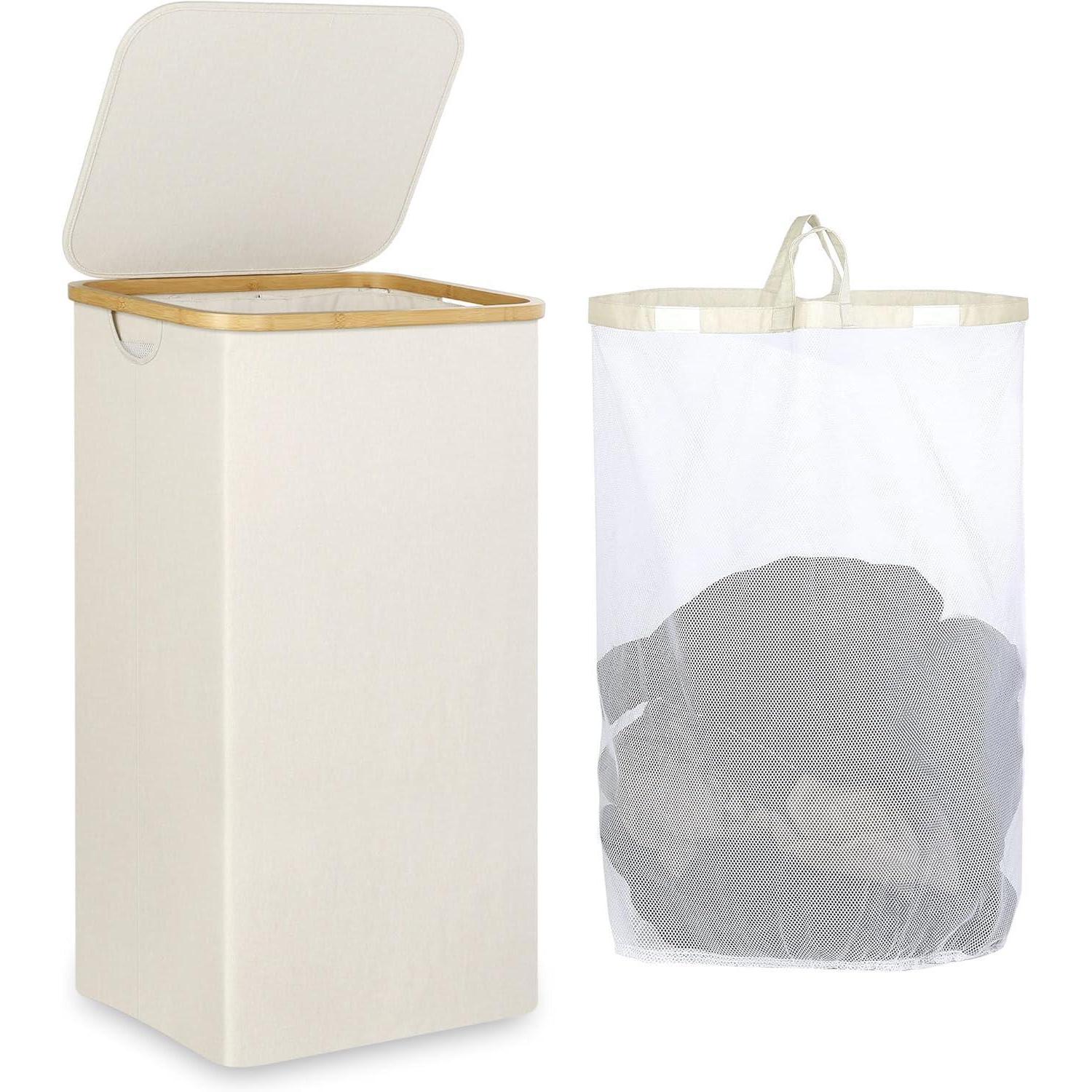 Wäschekorb Mit Deckel 110l, Herausnehmbarer Innentasche, Faltbar, Beige