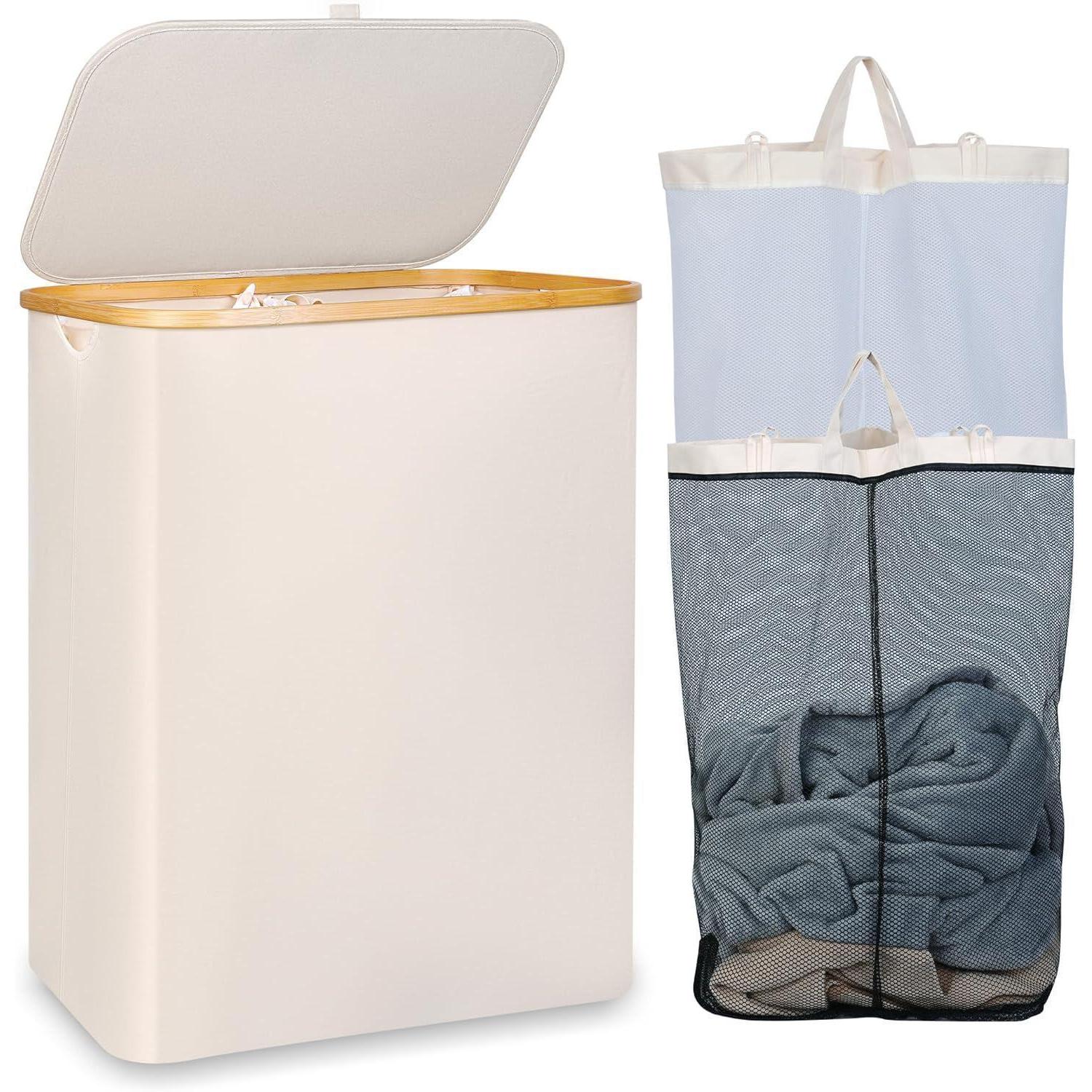 Wäschekorb 150l Xl Mit 2 Fächern, Deckel Und Bambusgriff, Beige