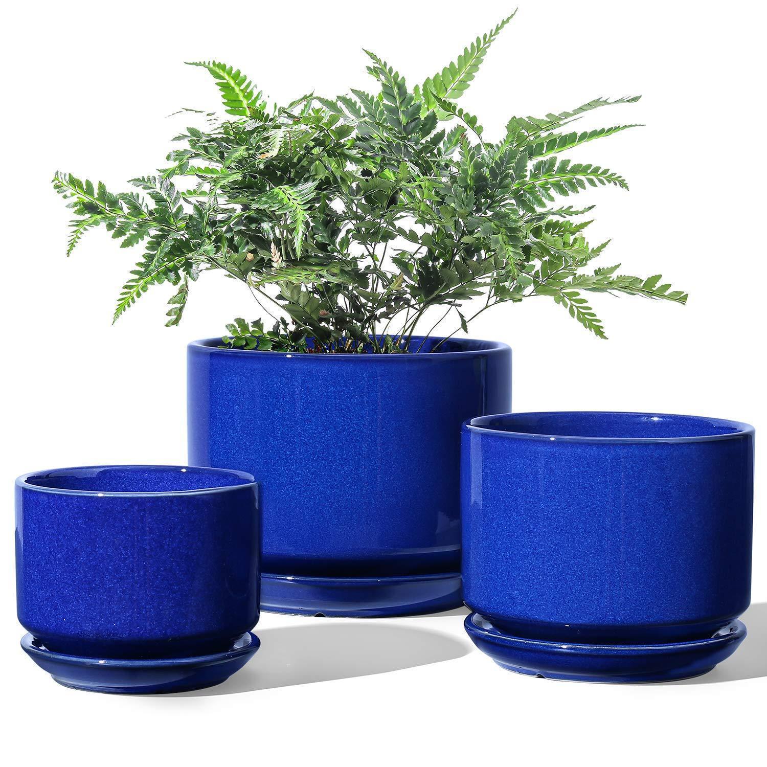 3er Set Keramik Blumentöpfe Mit Untersetzer, Saphirblau