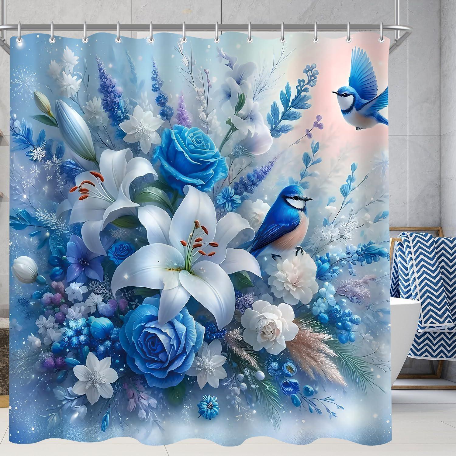 Duschvorhang 150x200 Cm Mit Blauen Vögeln, Wasserabweisend, Schimmelresistent, Waschbar