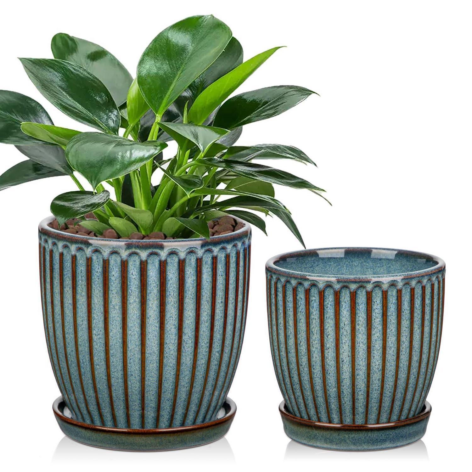 2er-set Keramik Blumentöpfe Mit Untersetzer, Geripptes Design, Navy