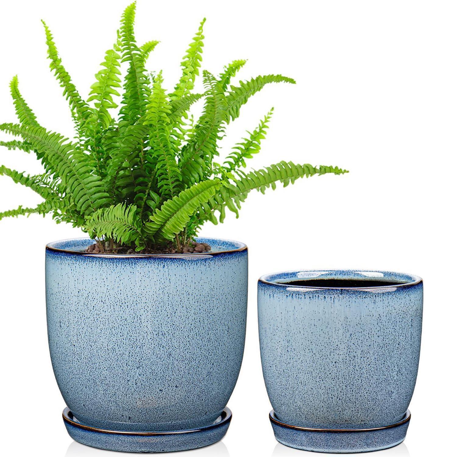 Keramik Übertopf 2er-set Mit Untersetzer, 15/13cm, Blau, Für Zimmerpflanzen