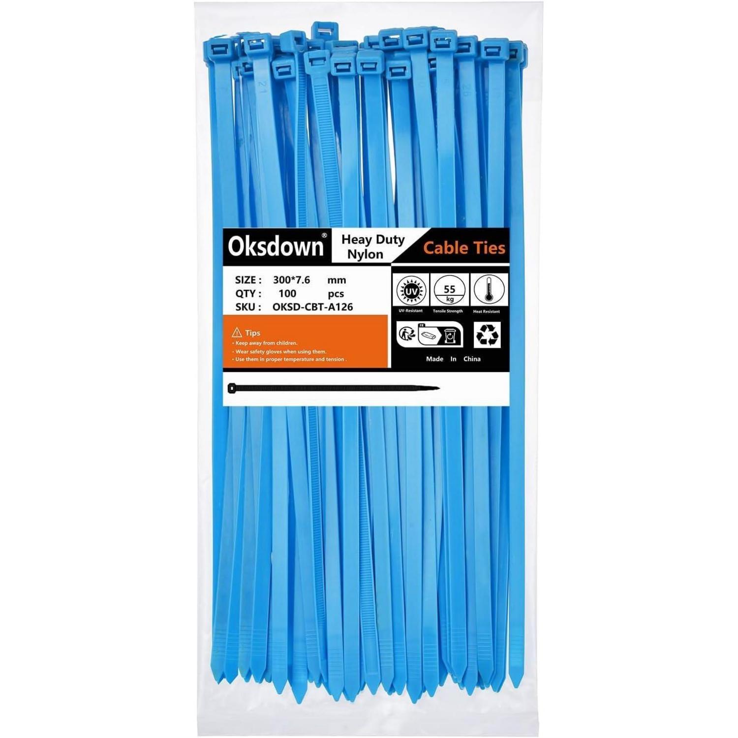 Kabelbinder 300mm X 7,6mm Blau 100 Stück 55kg Zugfestigkeit Uv-beständig Nylon