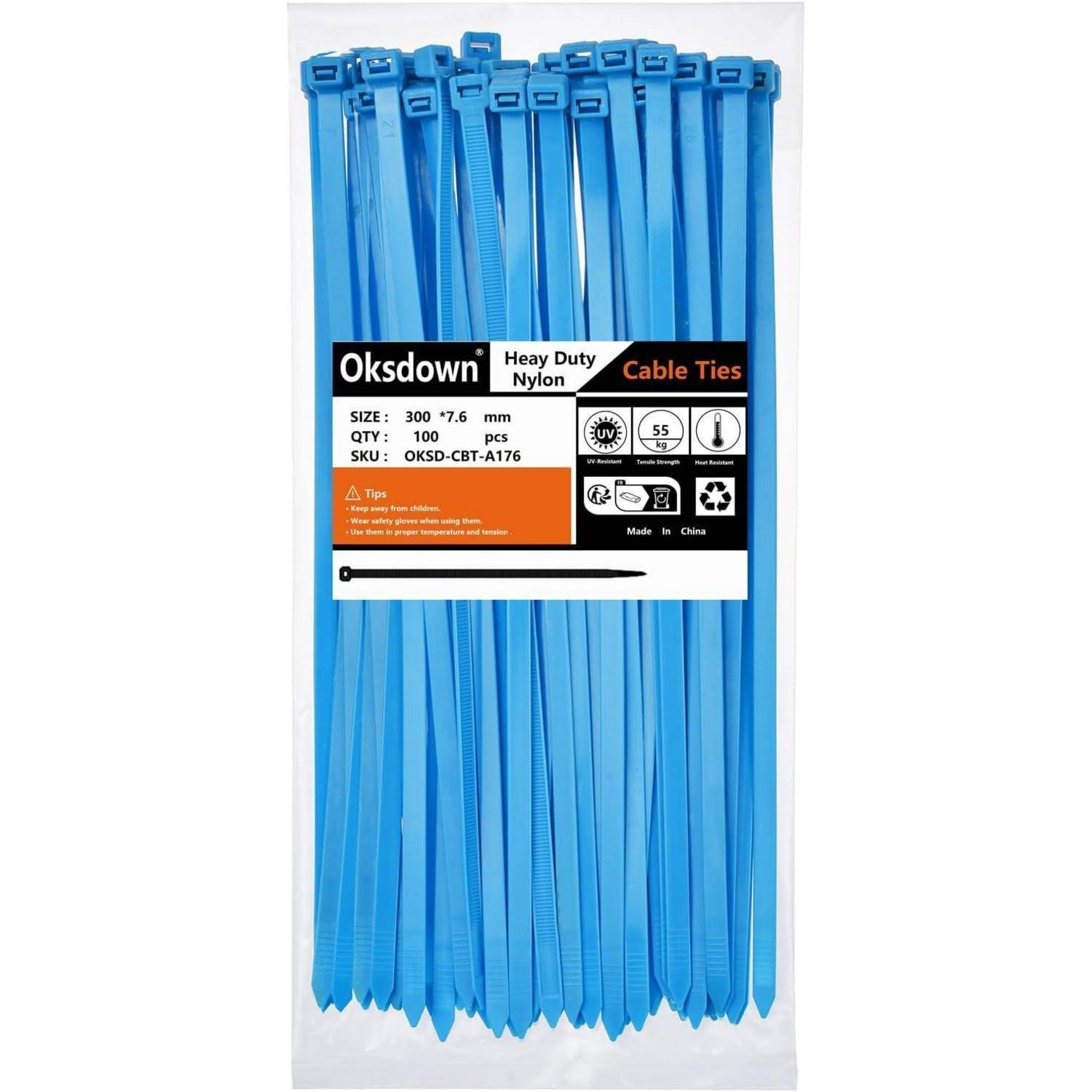 Kabelbinder 300mm X 7,6mm, 100 Stück, 55kg Zugfestigkeit, Uv-beständig, Blau