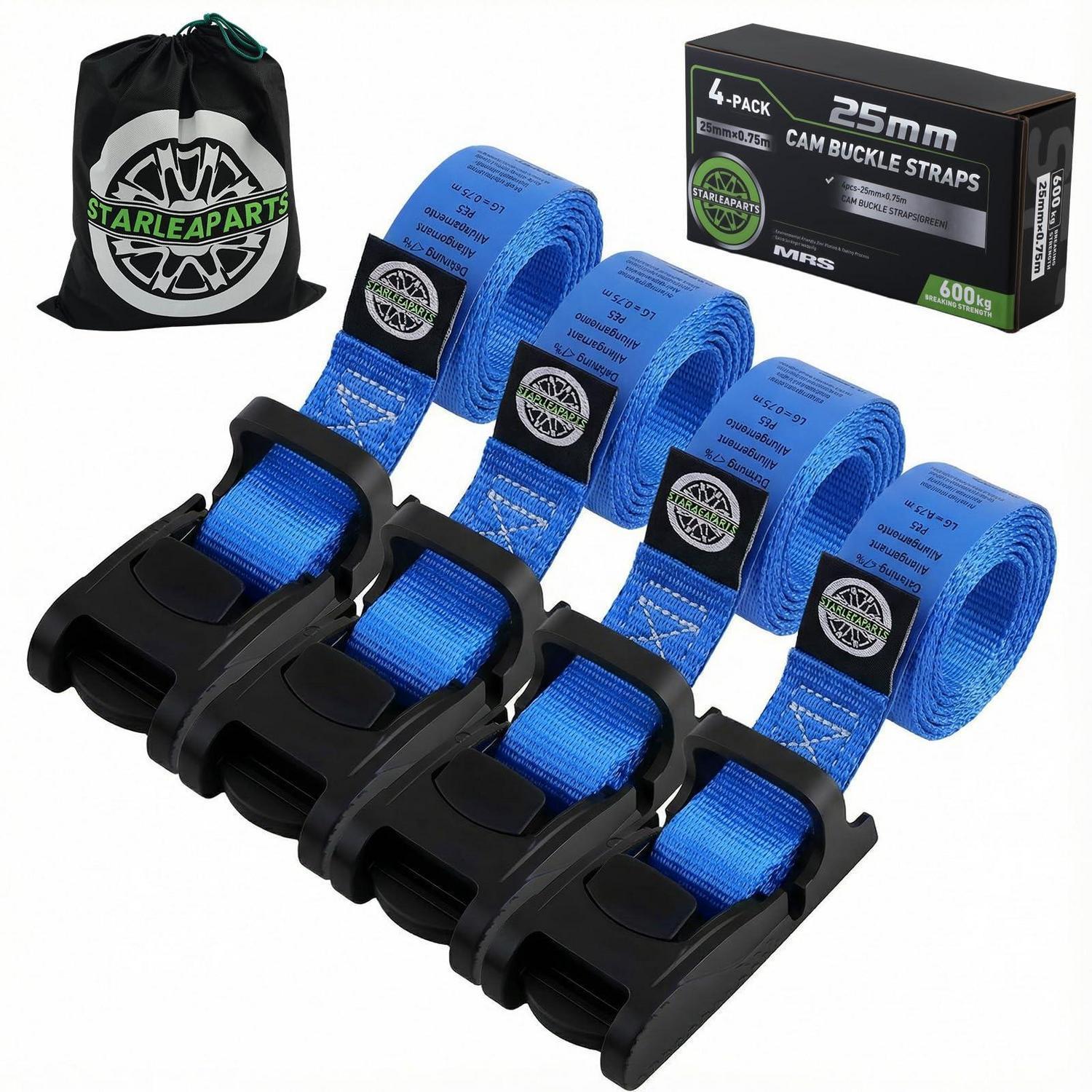 Spanngurte 4er-set 75cm Mit Klemmschloss, 600kg Bruchlast, Blau