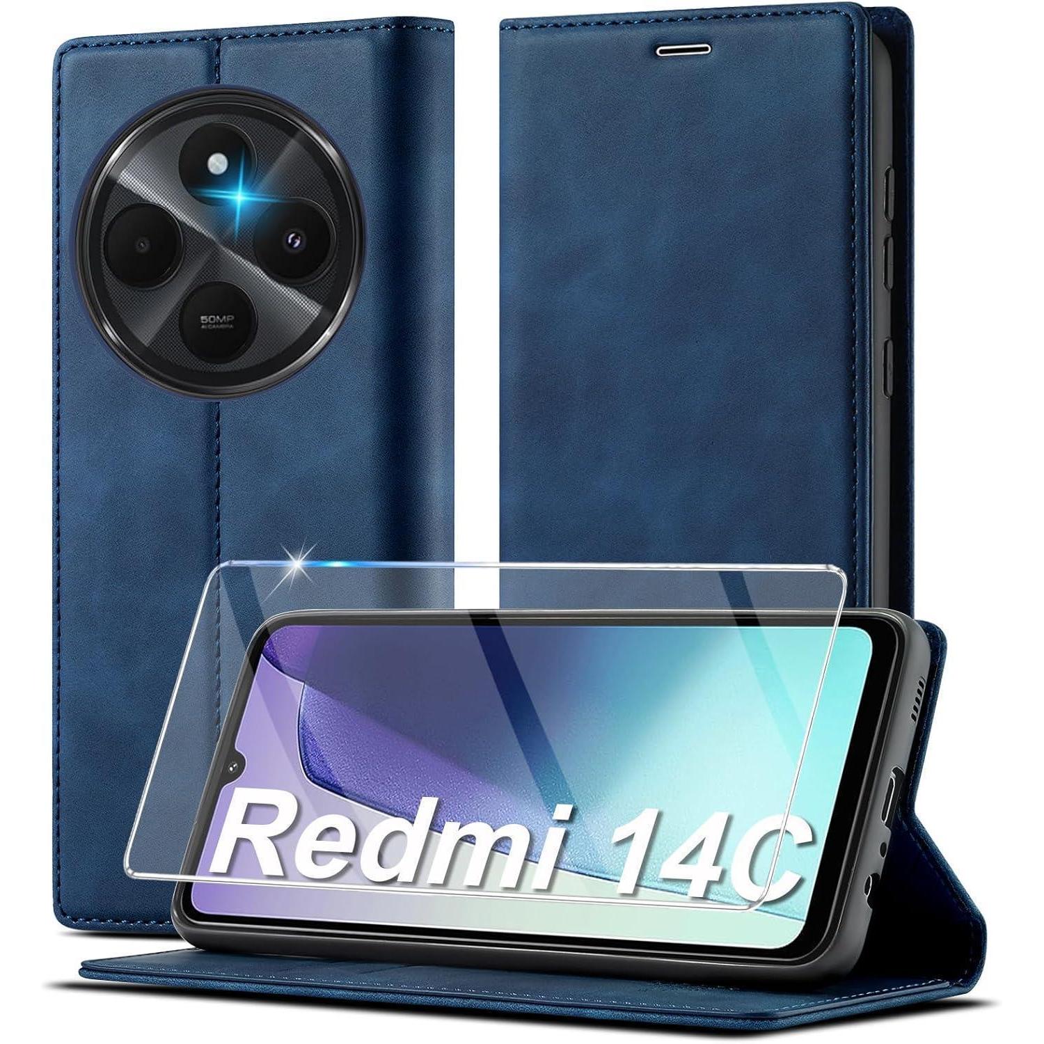 Klapphülle Für Xiaomi Redmi 14c Leder Mit Kartenfächern Und Ständer Blau