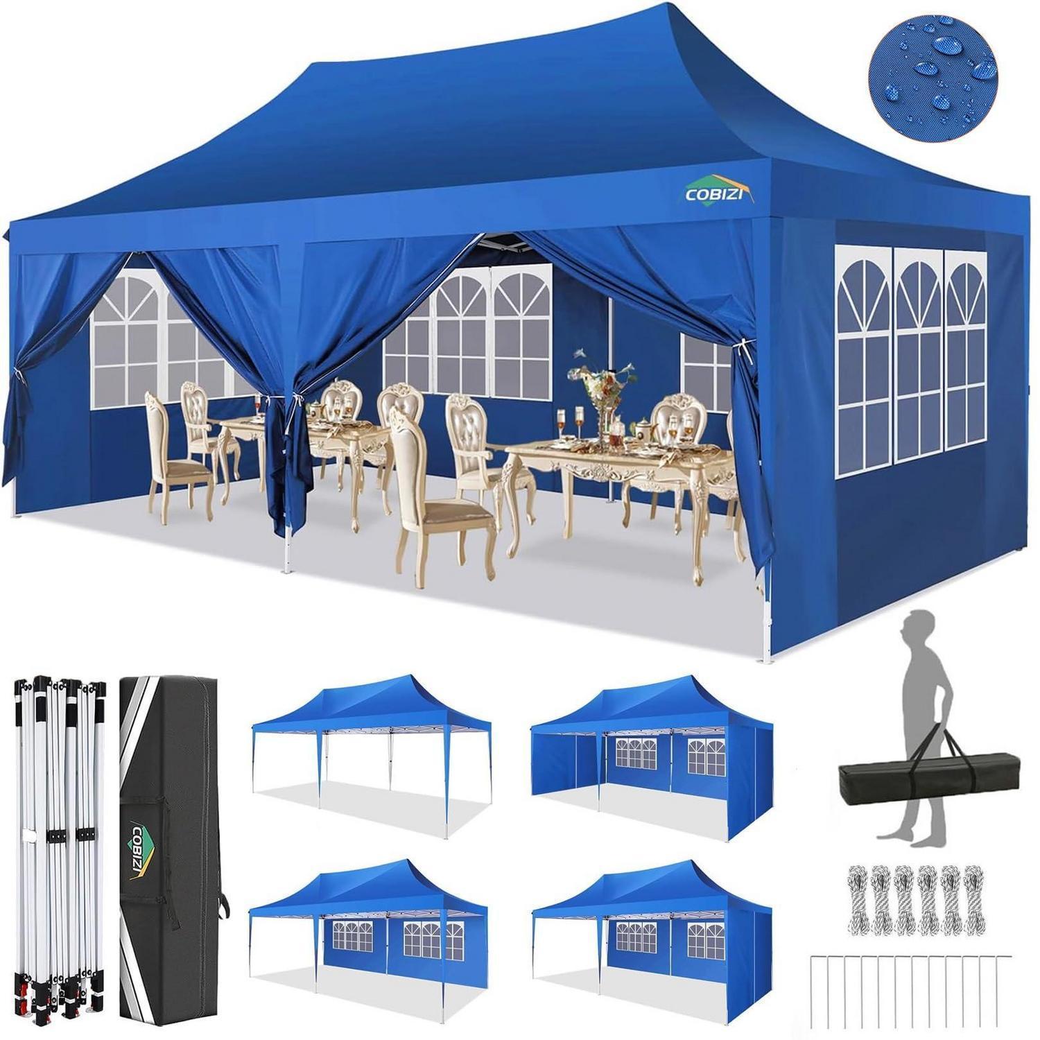 Faltpavillon 3x6m Wasserdicht, Höhenverstellbar, Mit 6 Seitenteilen, Blau