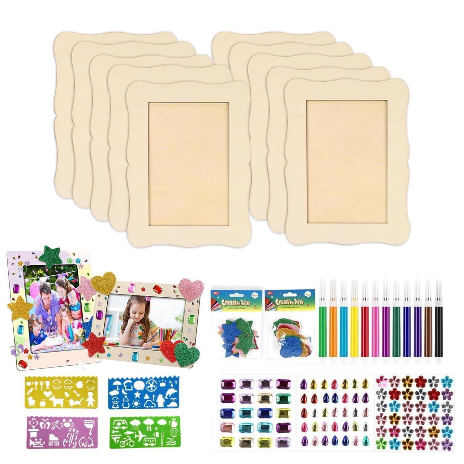 10er Set Holz Bilderrahmen 20x15cm Zum Bemalen Mit Glitzersteinen & Stickern