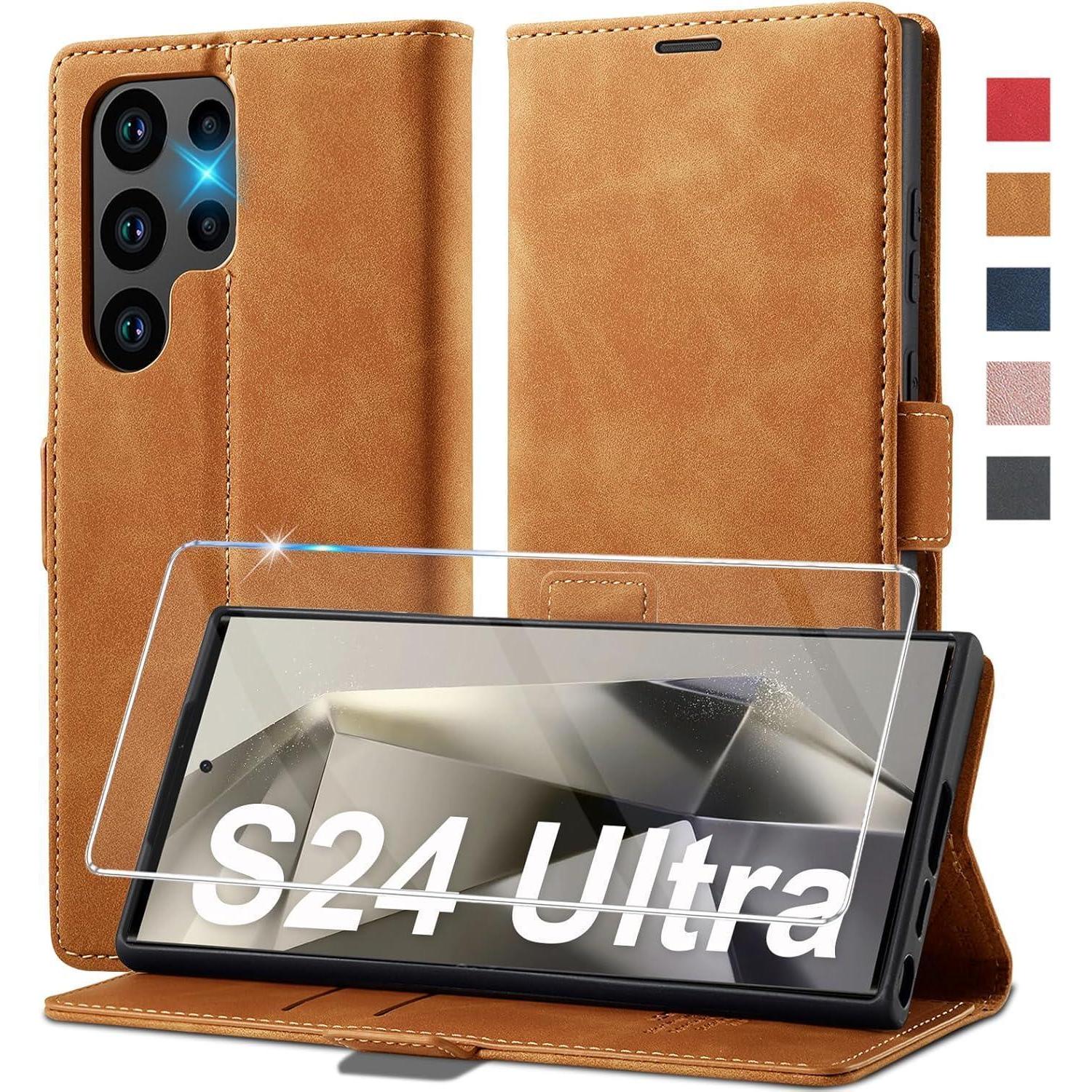 Samsung Galaxy S24 Ultra Hülle Leder Klappbar Mit Ständer & Kartenfächern + Schutzfolie