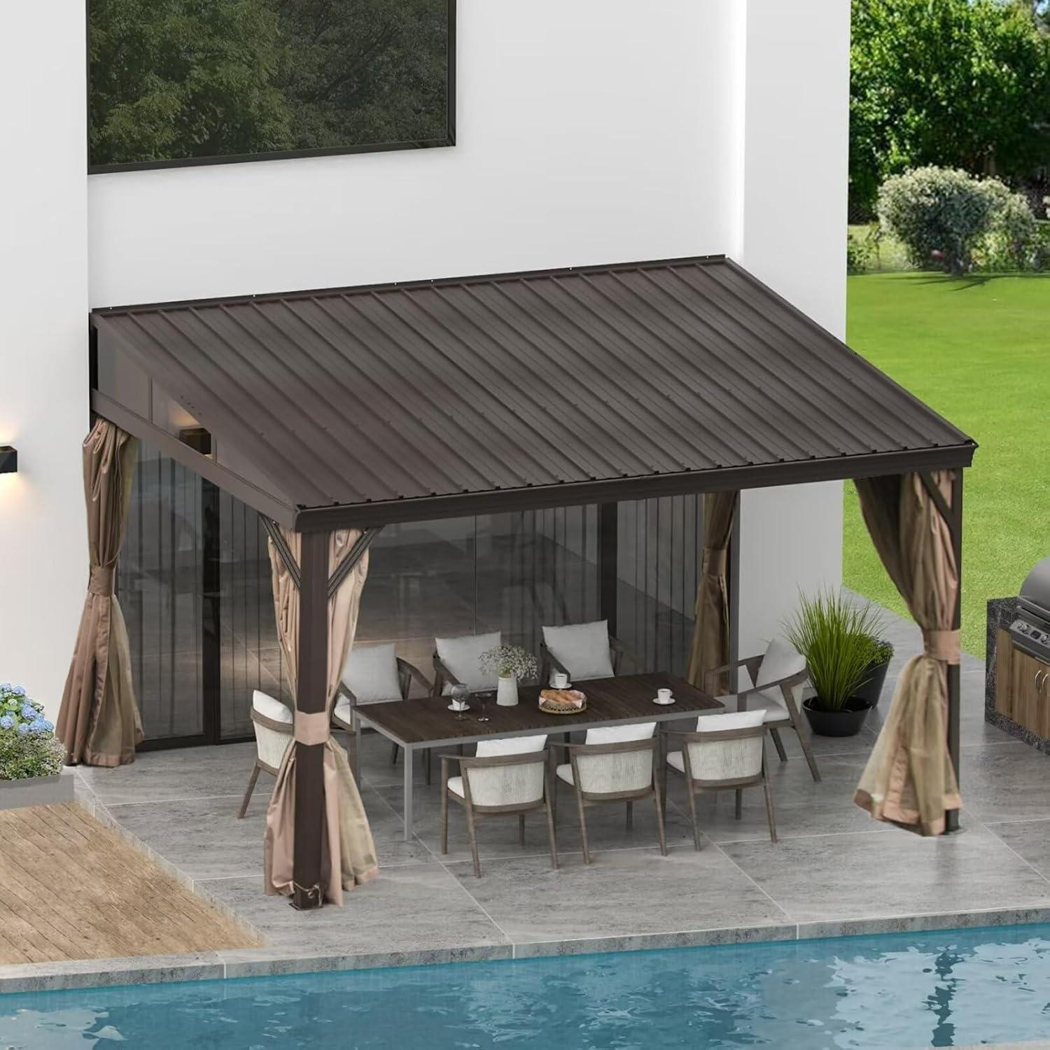 Anbaupavillon 2,97x3,66m Mit Festem Stahldach, Inkl. Vorhang & Moskitonetz