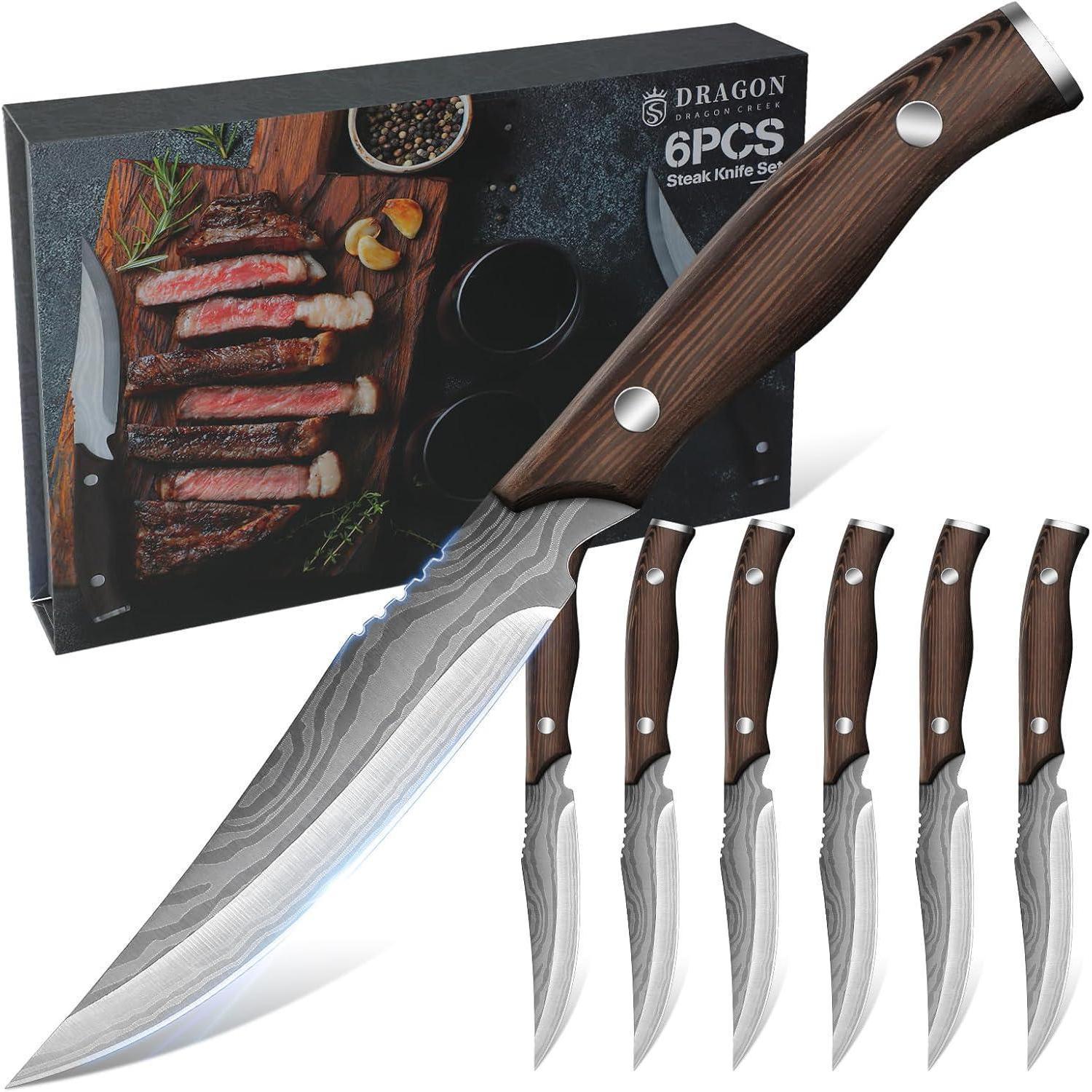 6-teiliges Steakmesser-set Mit Holzgriff, Scharfe Klingen Aus Edelstahl, Geschenkbox