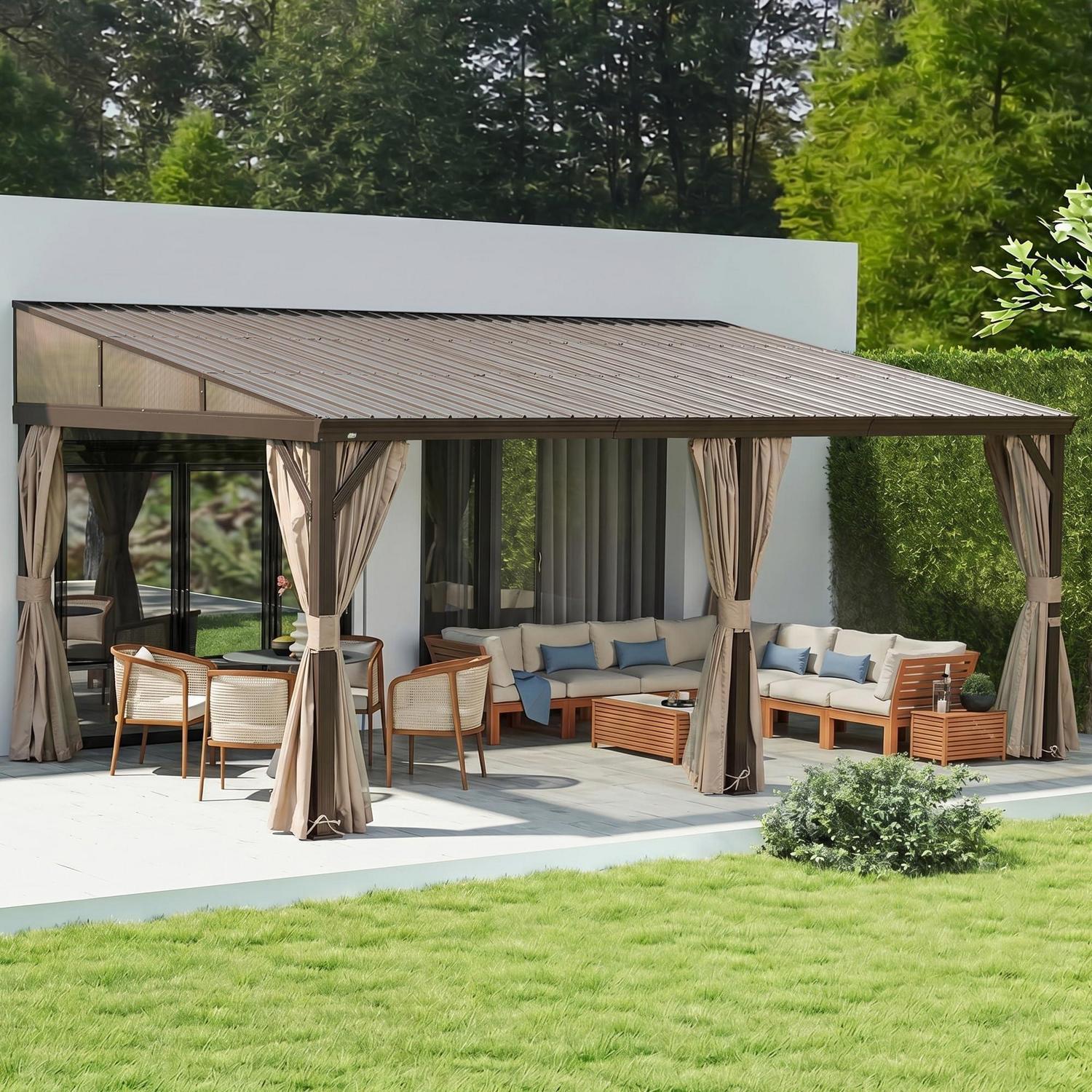 Wandpavillon 3,6x6,1m Mit Hardtop, Aluminiumrahmen Und Vorhängen, Braun
